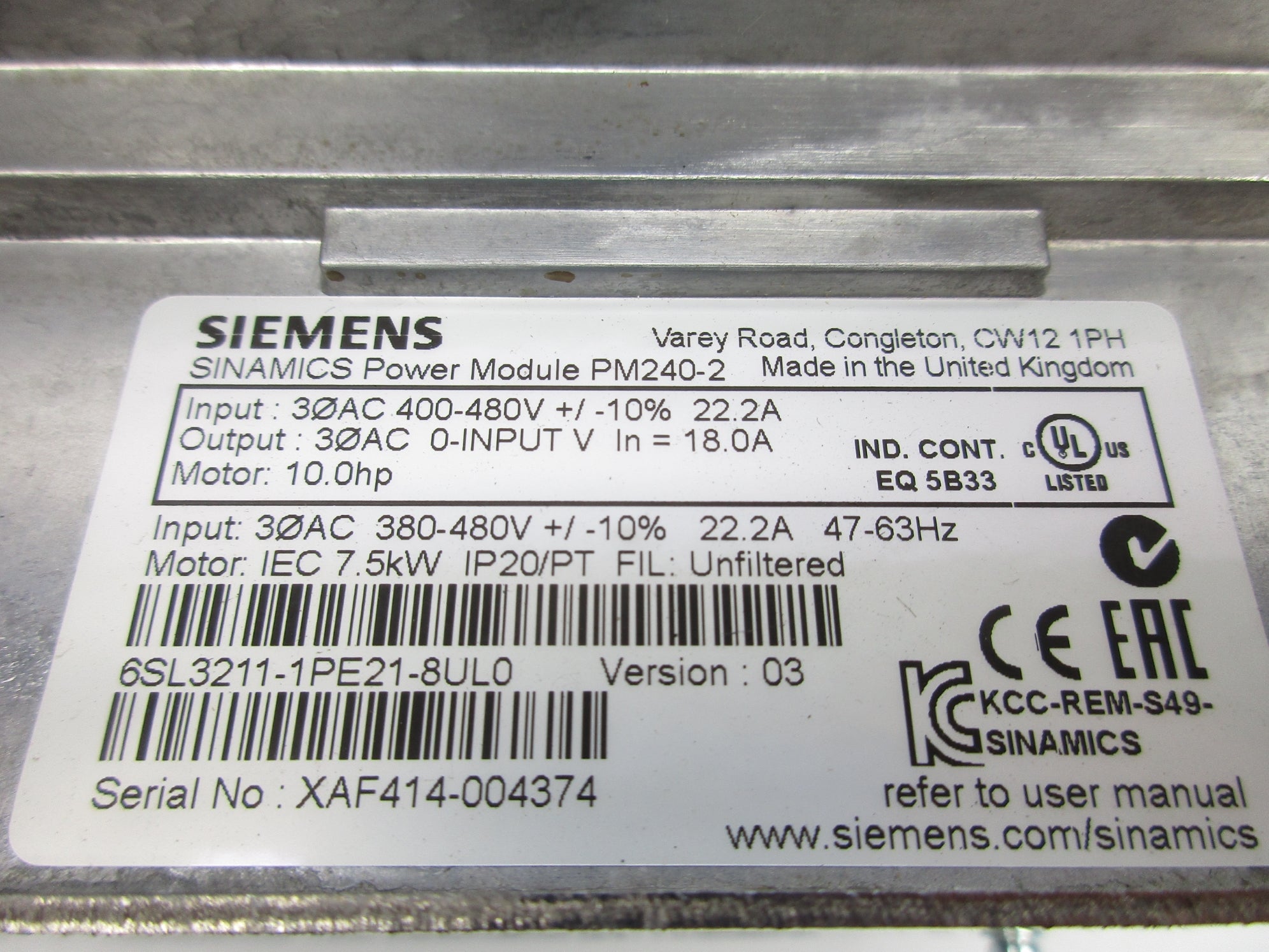 SIEMENS 6SL3211-1PE21-8UL0 UNMP
