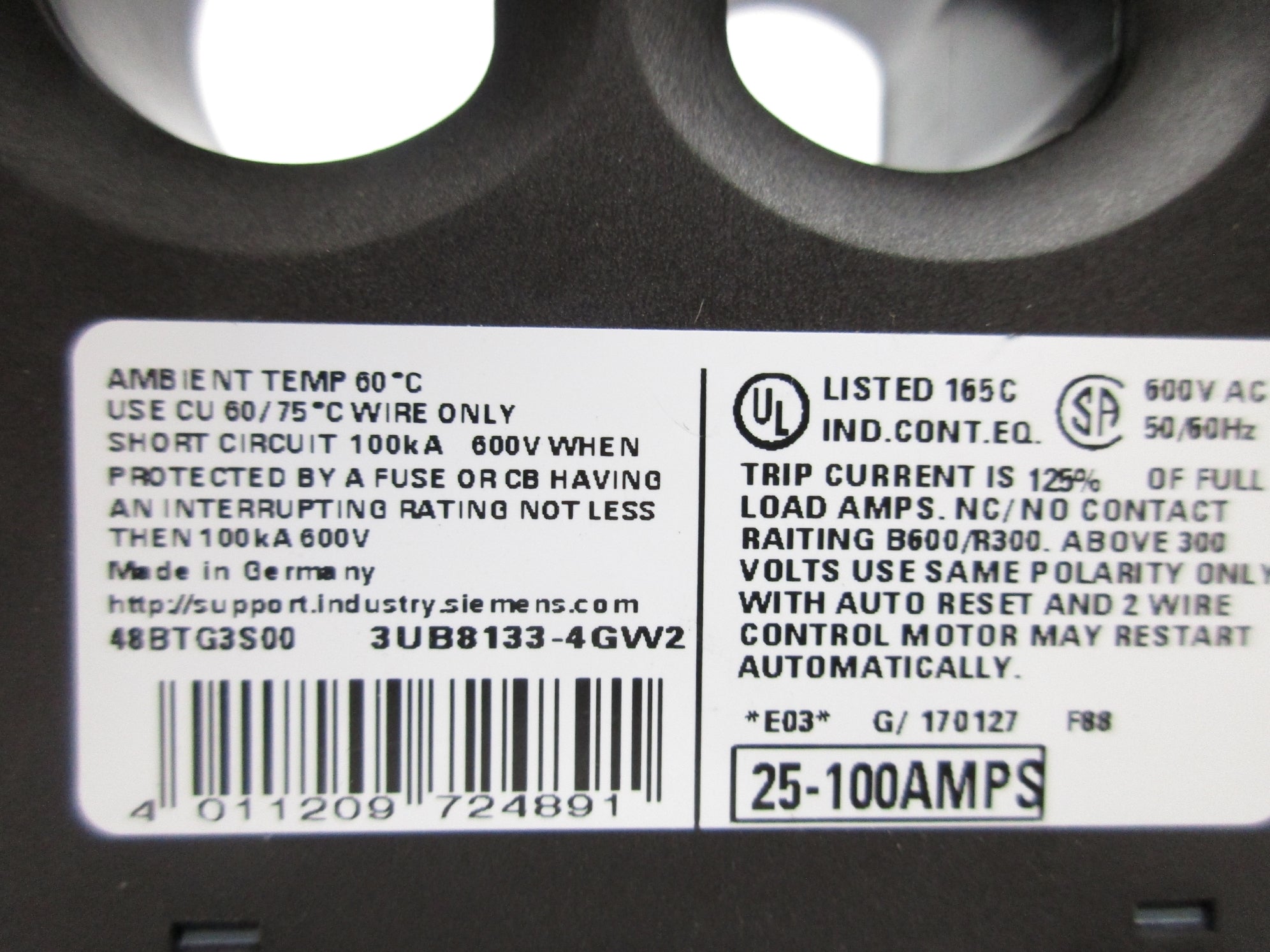 SIEMENS 48BTG3S00 3UB8133-4GW2 25-100A 600VAC UNMP