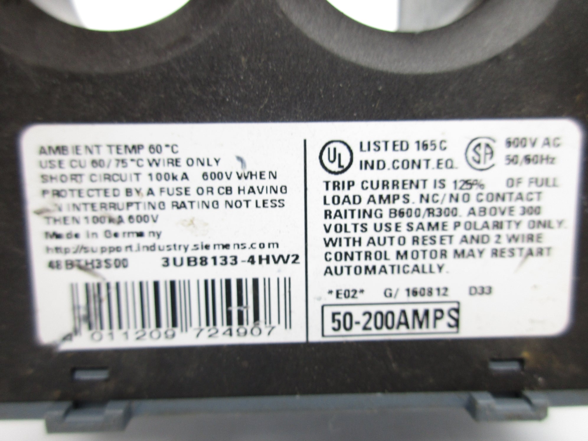 SIEMENS 48BTH3S00 3UB8133-4HW2 50-200A 600VAC UNMP