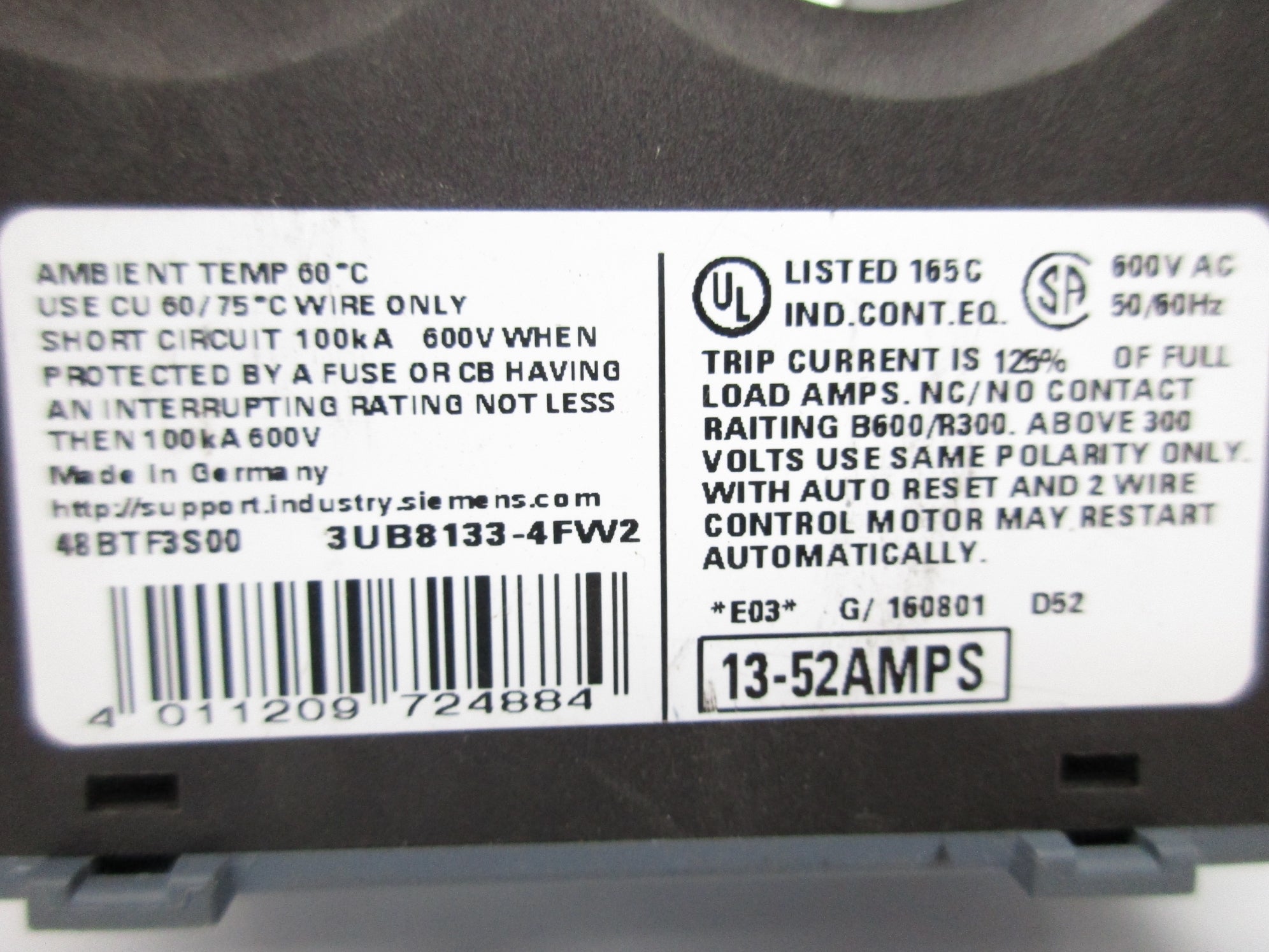 SIEMENS 48BTF3S00 3UB8133-4FW2 13-52A 600VAC UNMP