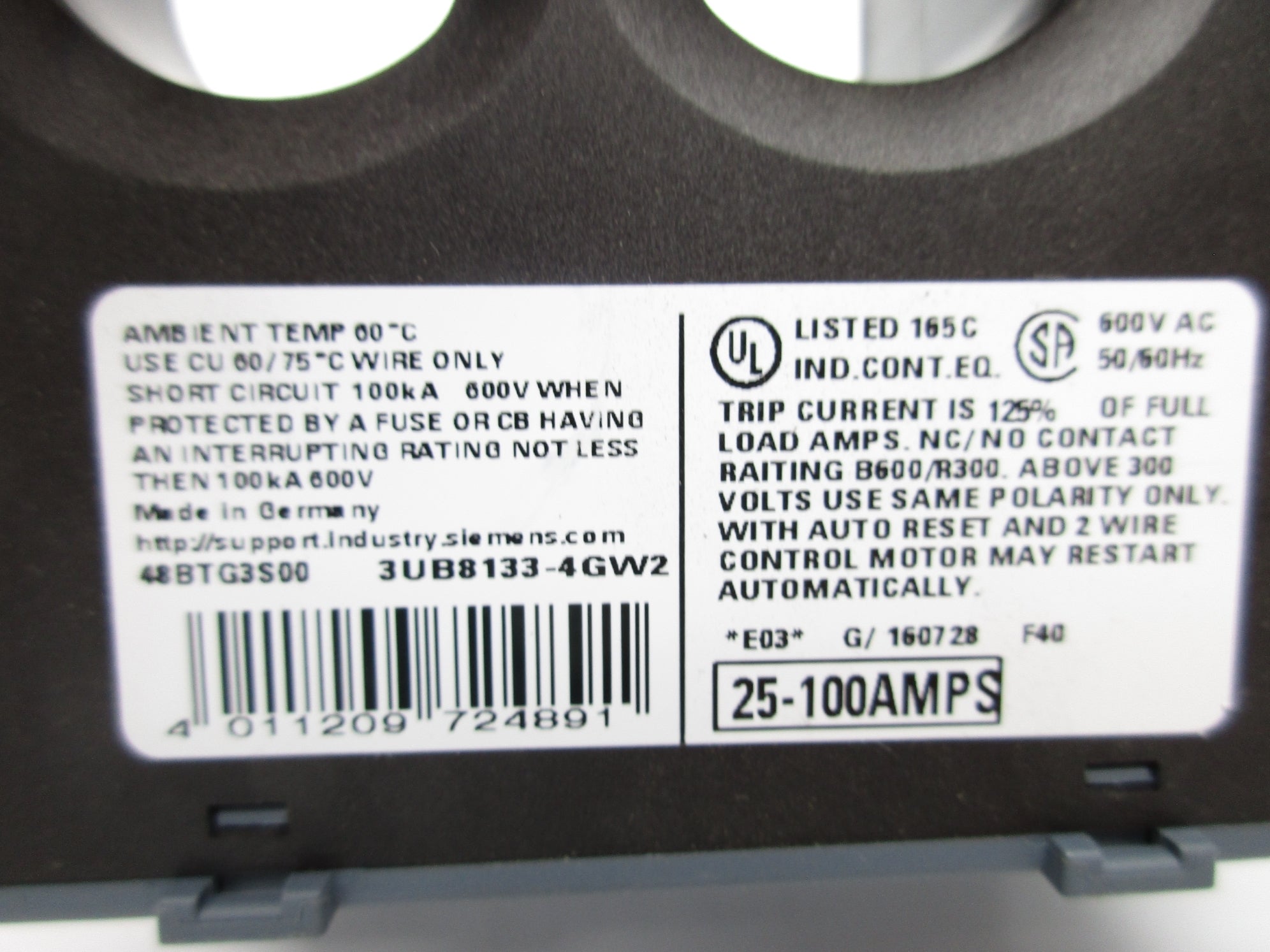 SIEMENS 48BTG3S00 3UB8133-4GW2 25-100A 600VAC UNMP