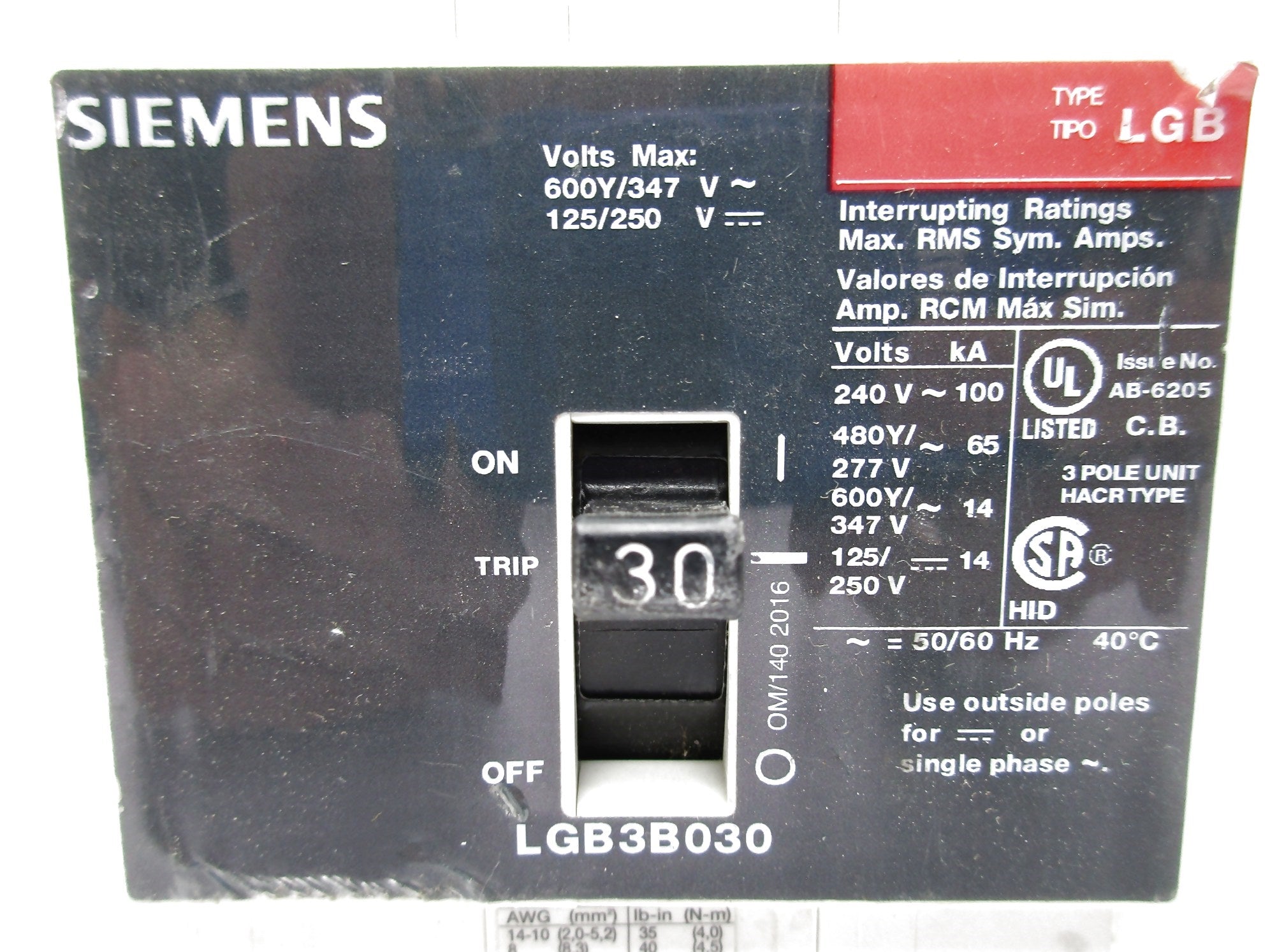 SIEMENS LGB3B030 30A 125/250V UNMP