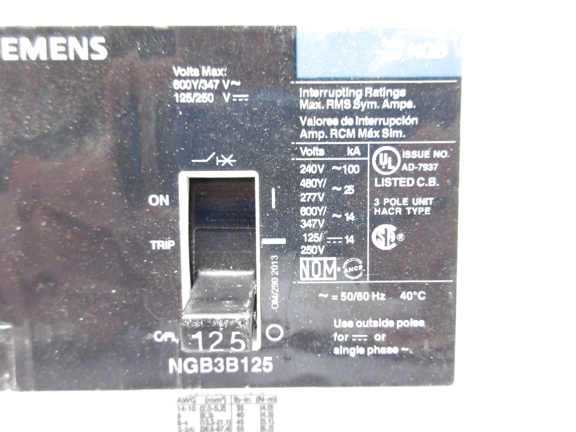 SIEMENS NGB3B125 125A 125/250V UNMP