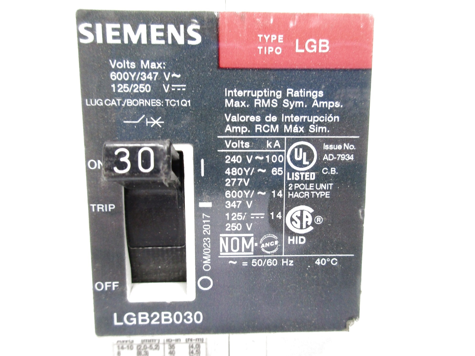 SIEMENS LGB2B030 30A 125/250V UNMP