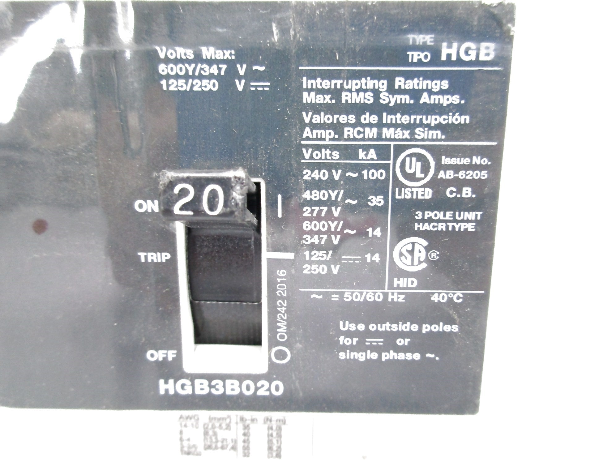 SIEMENS HGB3B020 20A 125/250V UNMP