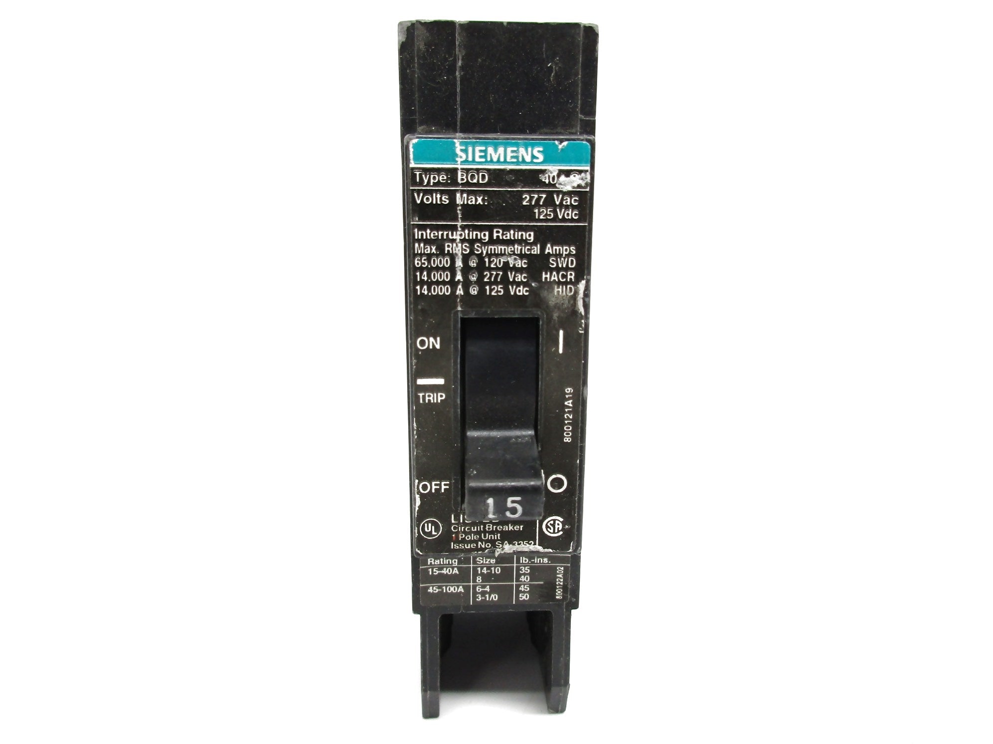 SIEMENS BQD115 125VDC 15A UNMP