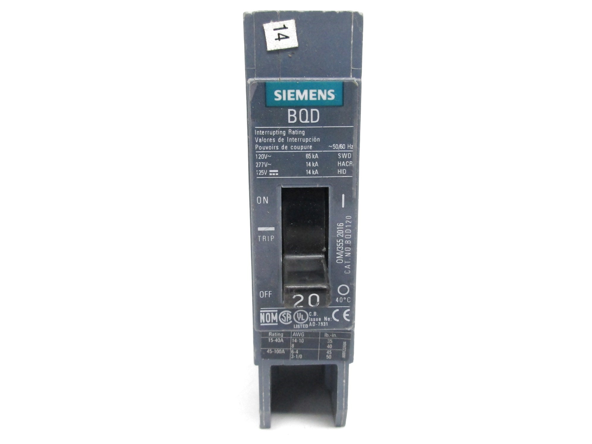 SIEMENS BQD120 20A 125V (AS PICTURED) UNMP