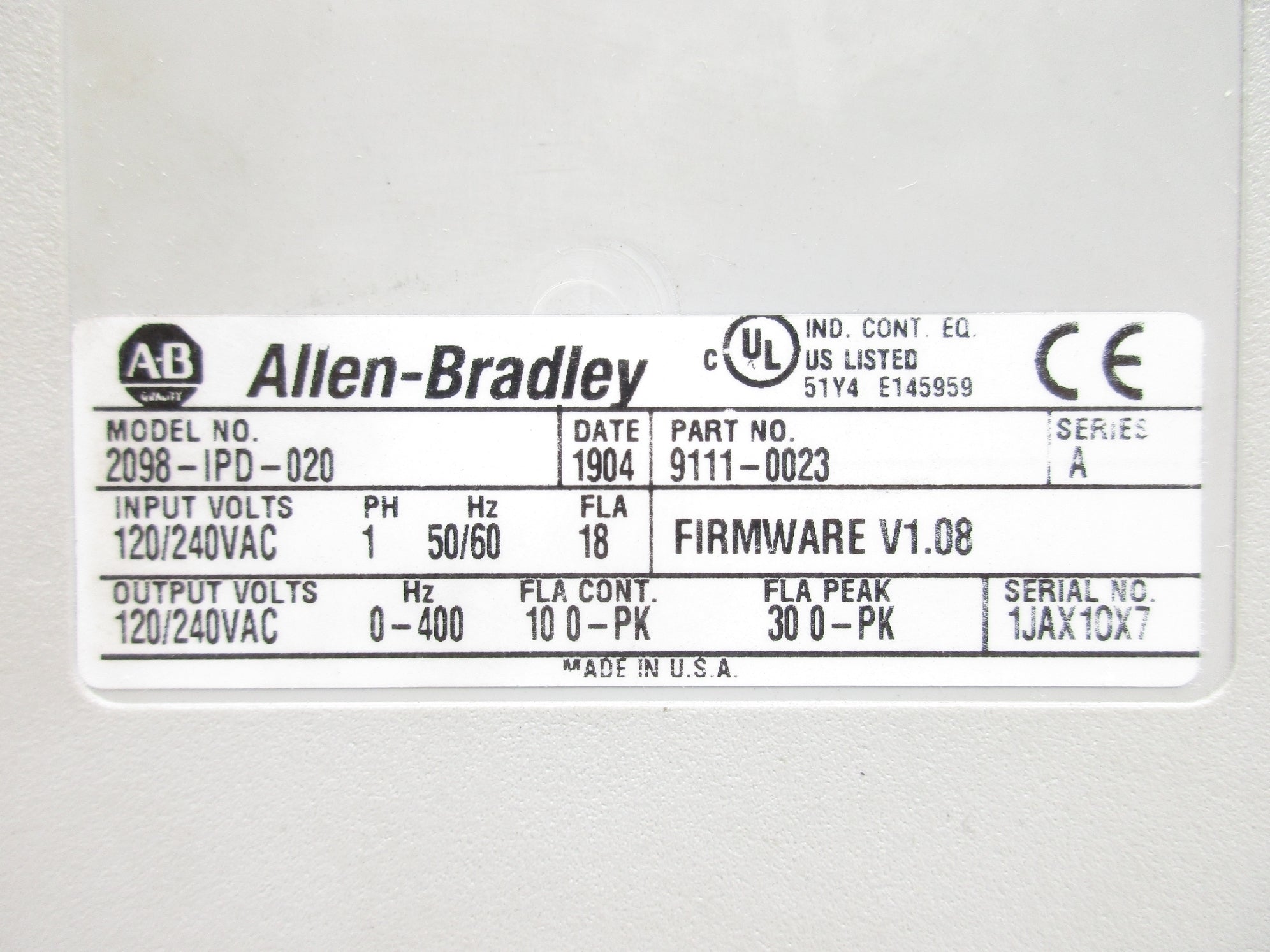 ALLEN BRADLEY 2098-IPD-020 SER. A F/W V1.08 NSNP