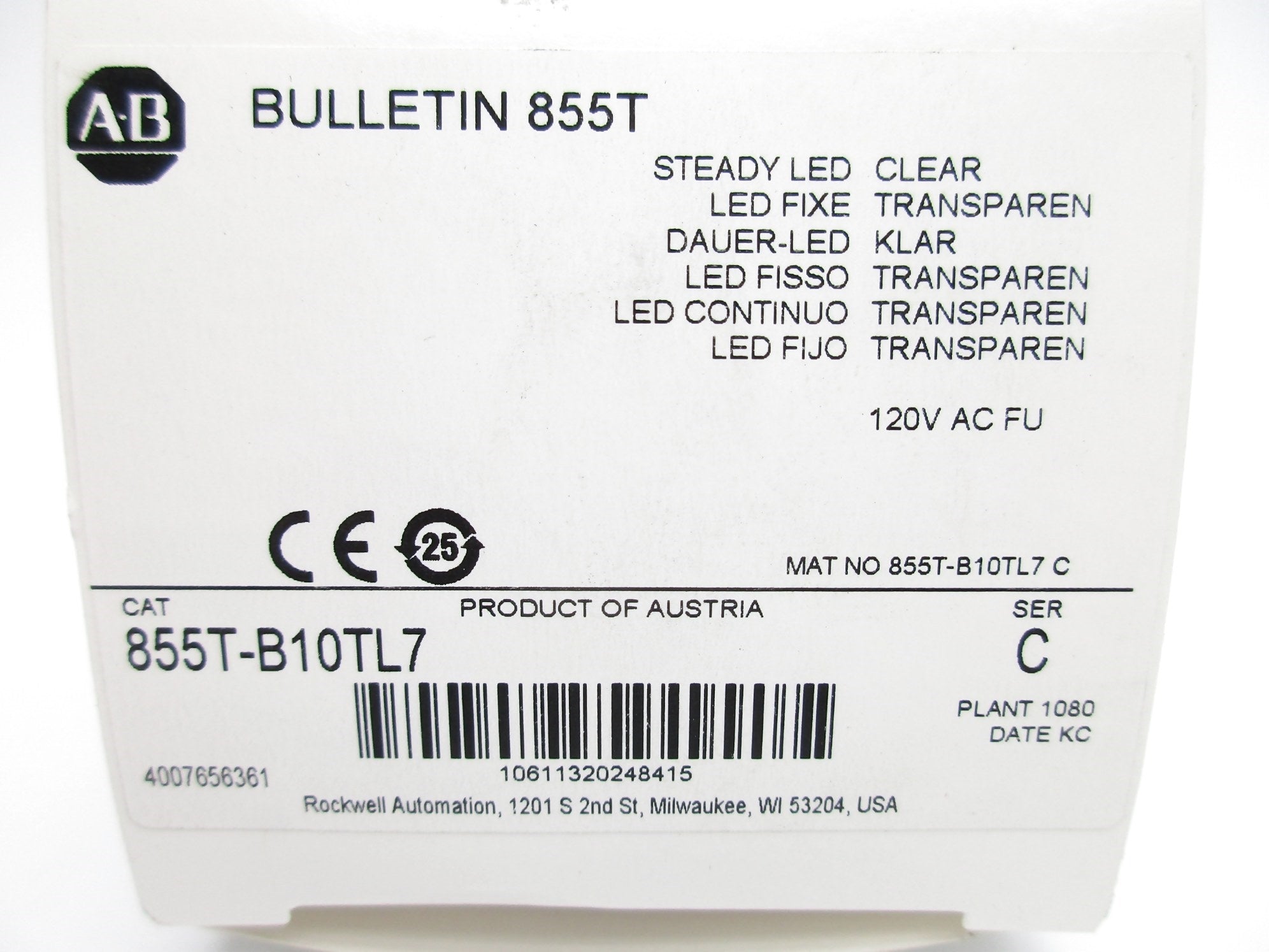 ALLEN BRADLEY 855T-B10TL7 SER. C (WH) NSMP