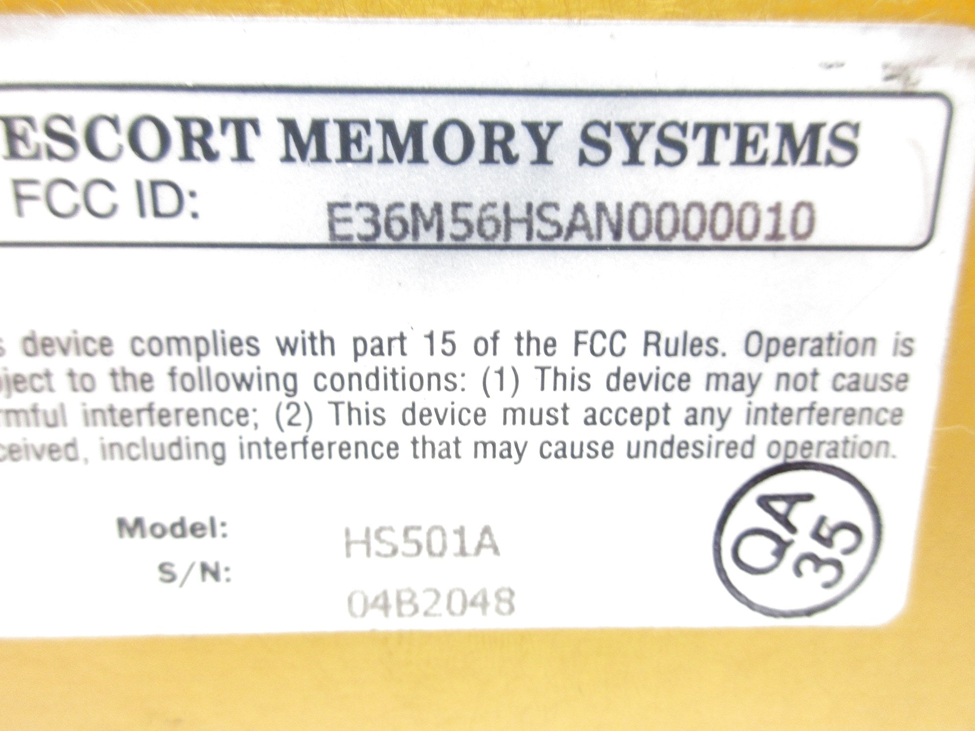 ESCORT MEMORY SYSTEMS HS501A NSNP