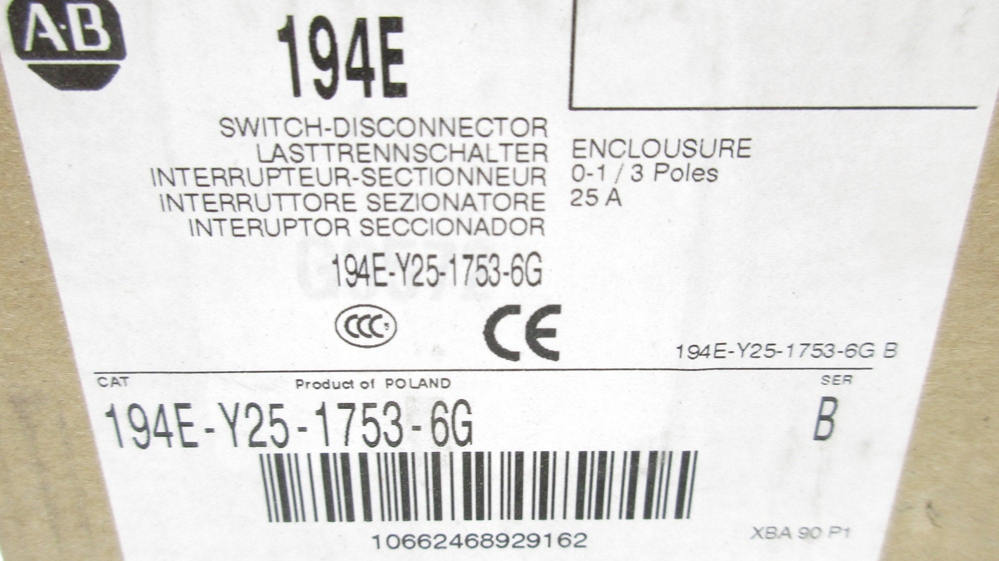 ALLEN BRADLEY 194E-Y25-1753-6G SER. B (BR/WH) NSMP