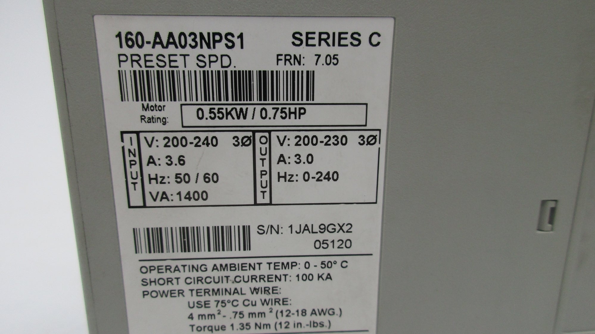 ALLEN BRADLEY 160-AA03NPS1 SER. C F/W 7.05 NSNP