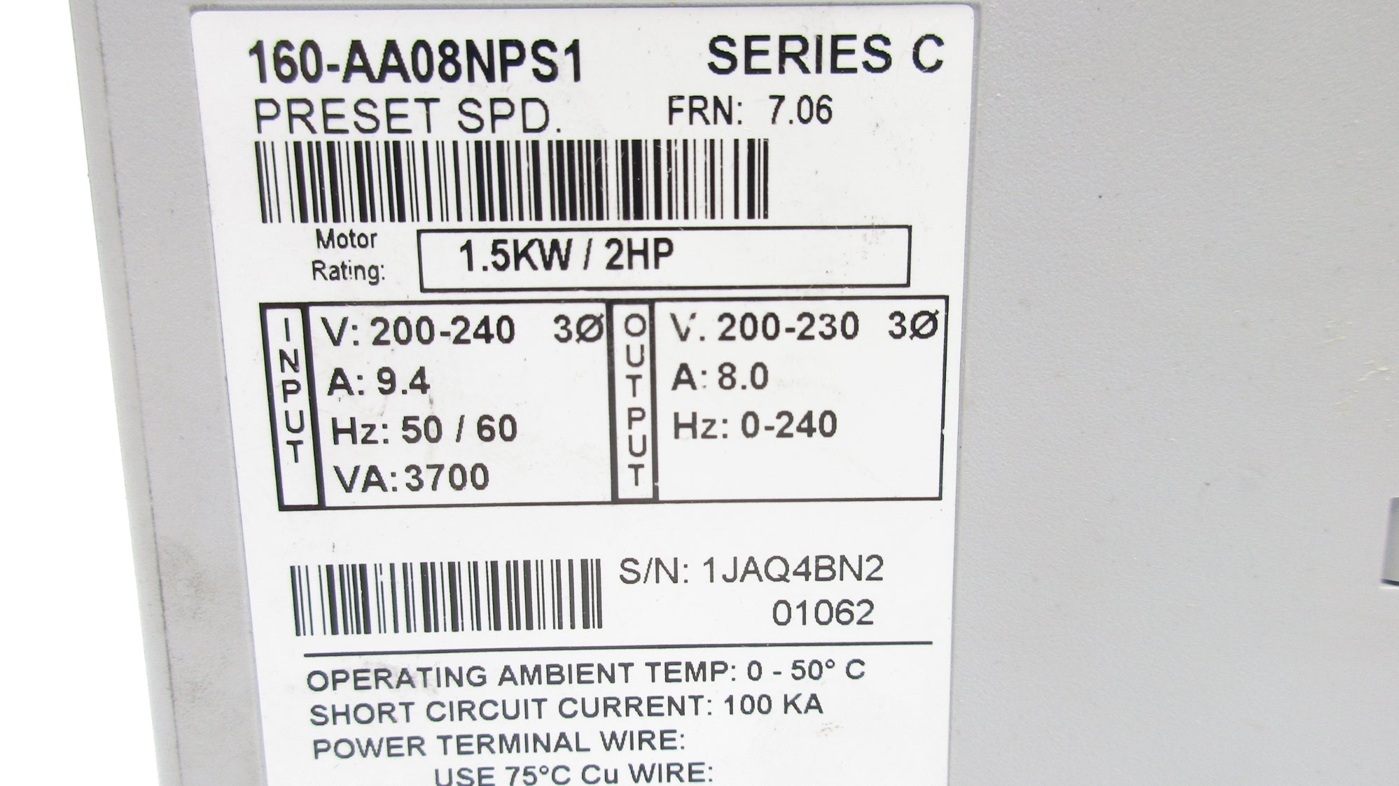 ALLEN BRADLEY 160-AA08NPS1 SER. C F/W 7.06 NSNP