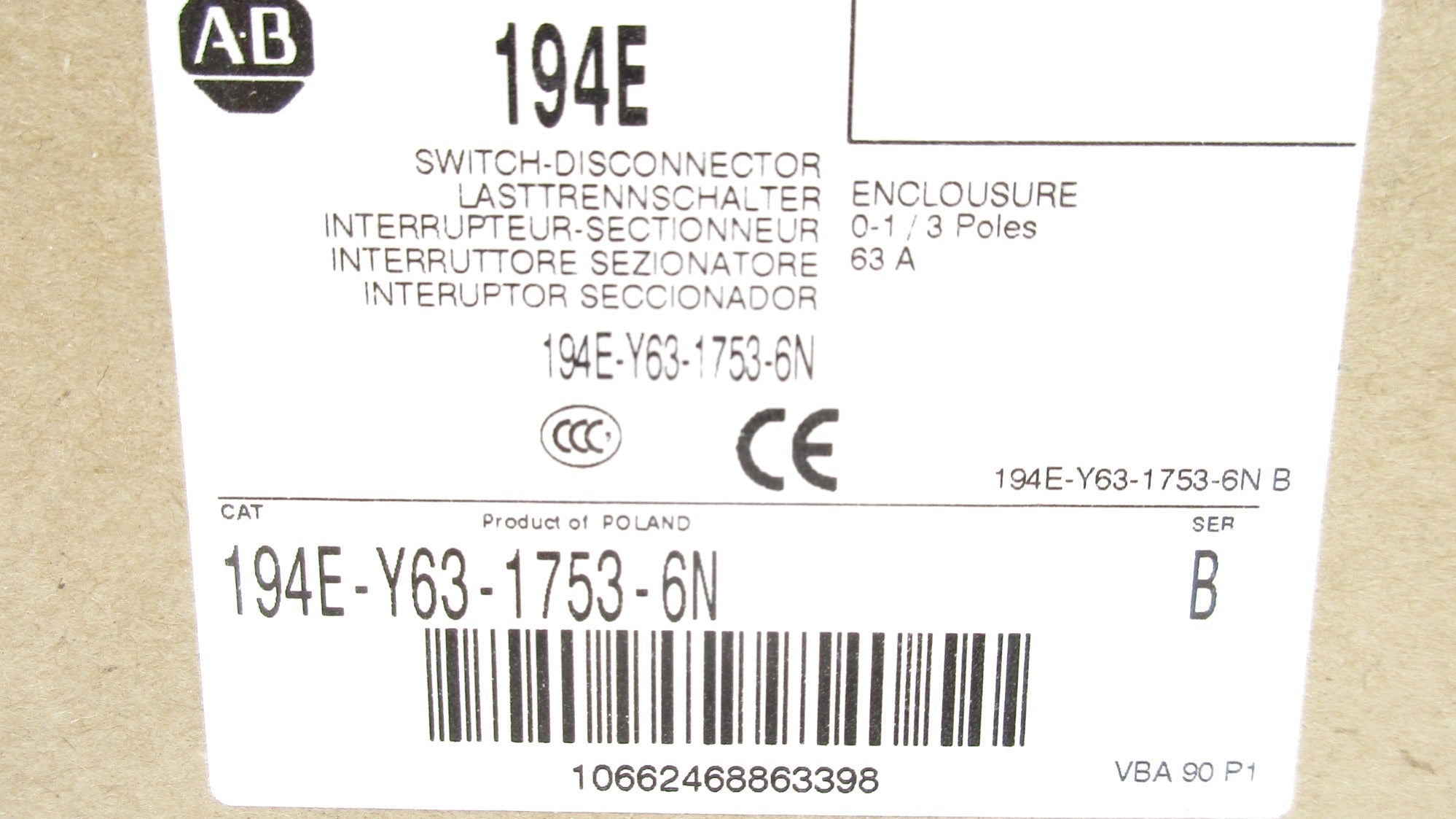ALLEN BRADLEY 194E-Y63-1753-6N SER. B (BR/WH) NSMP