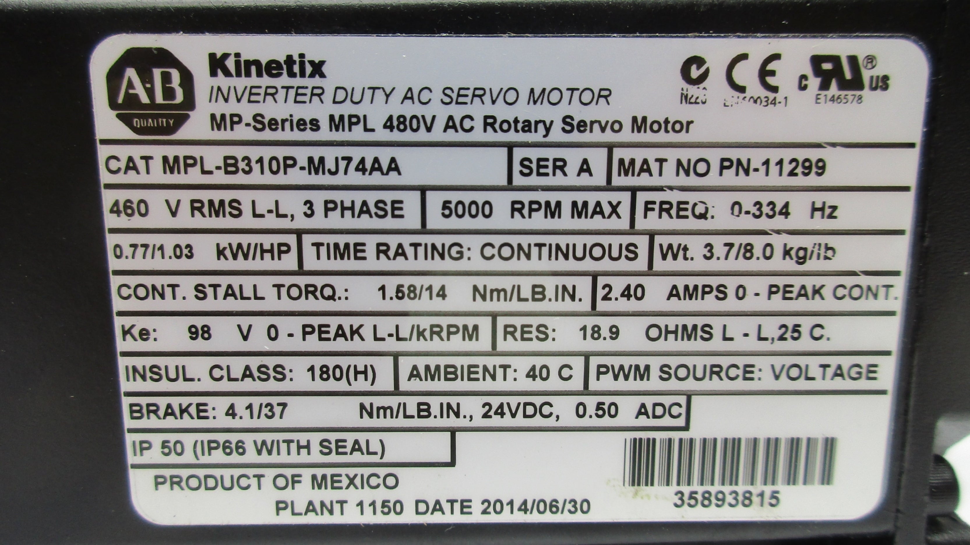 ALLEN BRADLEY MPL-B310P-MJ74AA SER. A NSNP