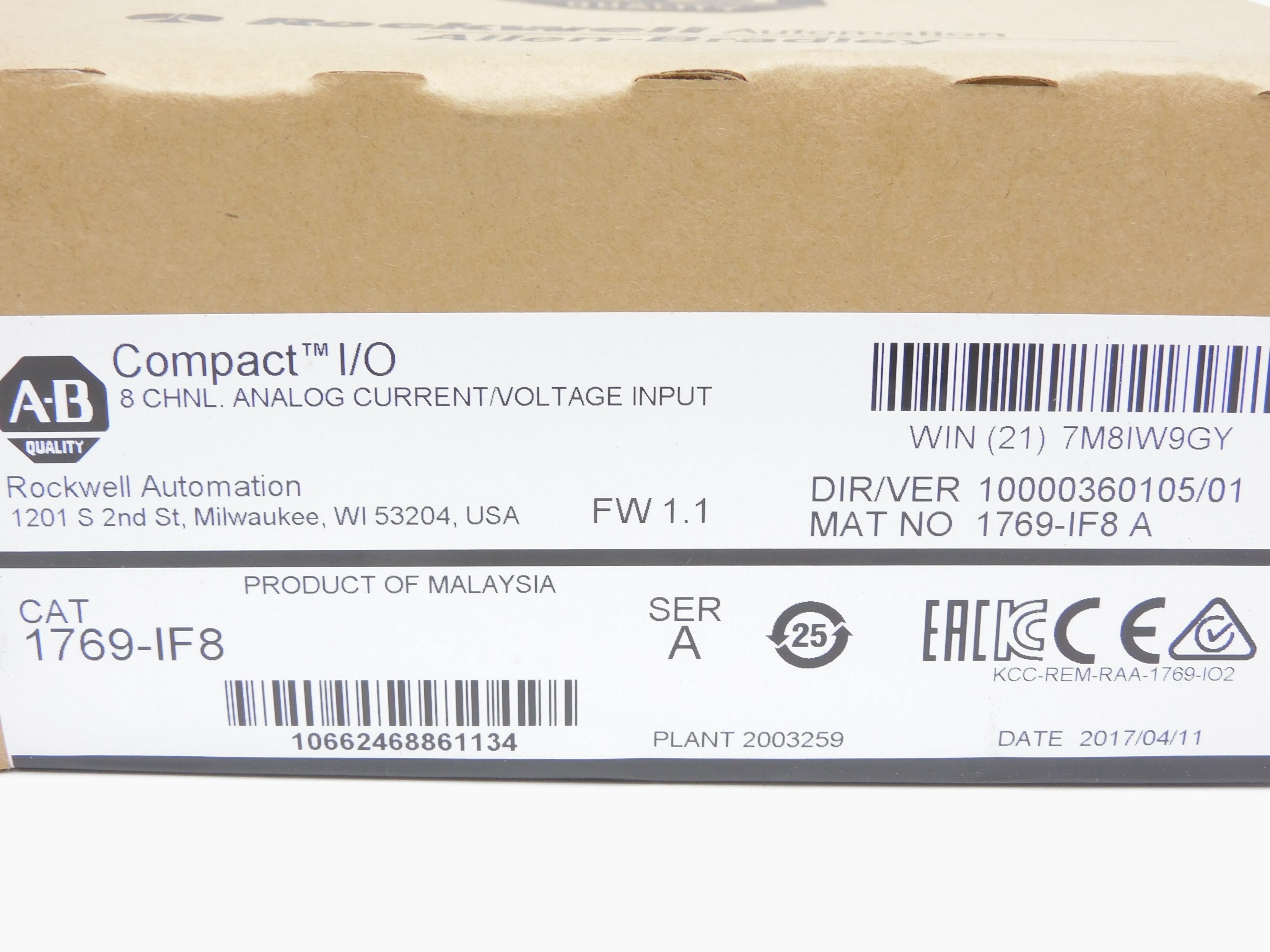 ALLEN BRADLEY 1769-IF8 SER. A F/W 1.1 DATE: 2017 (BR/WH) NSMP