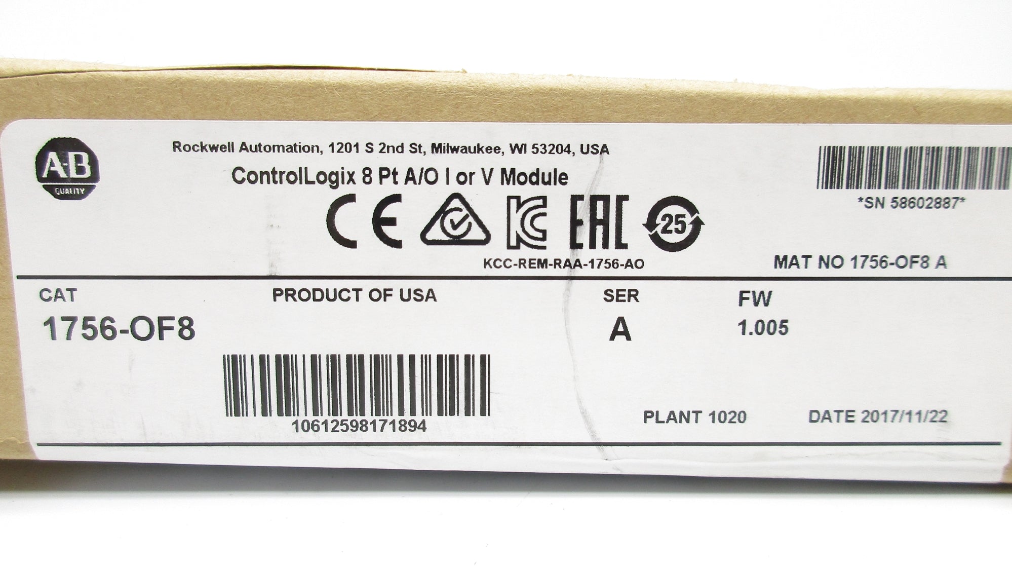 ALLEN BRADLEY 1756-OF8 SER. A F/W 1.005 DATE: 2017 NSFS