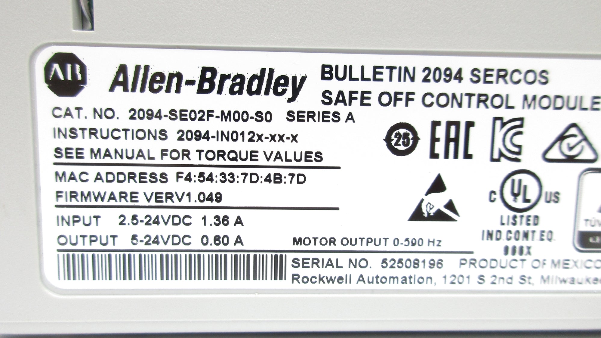 ALLEN BRADLEY 2094-SE02F-M00-S0 SER. A F/W 1.049  NSNP