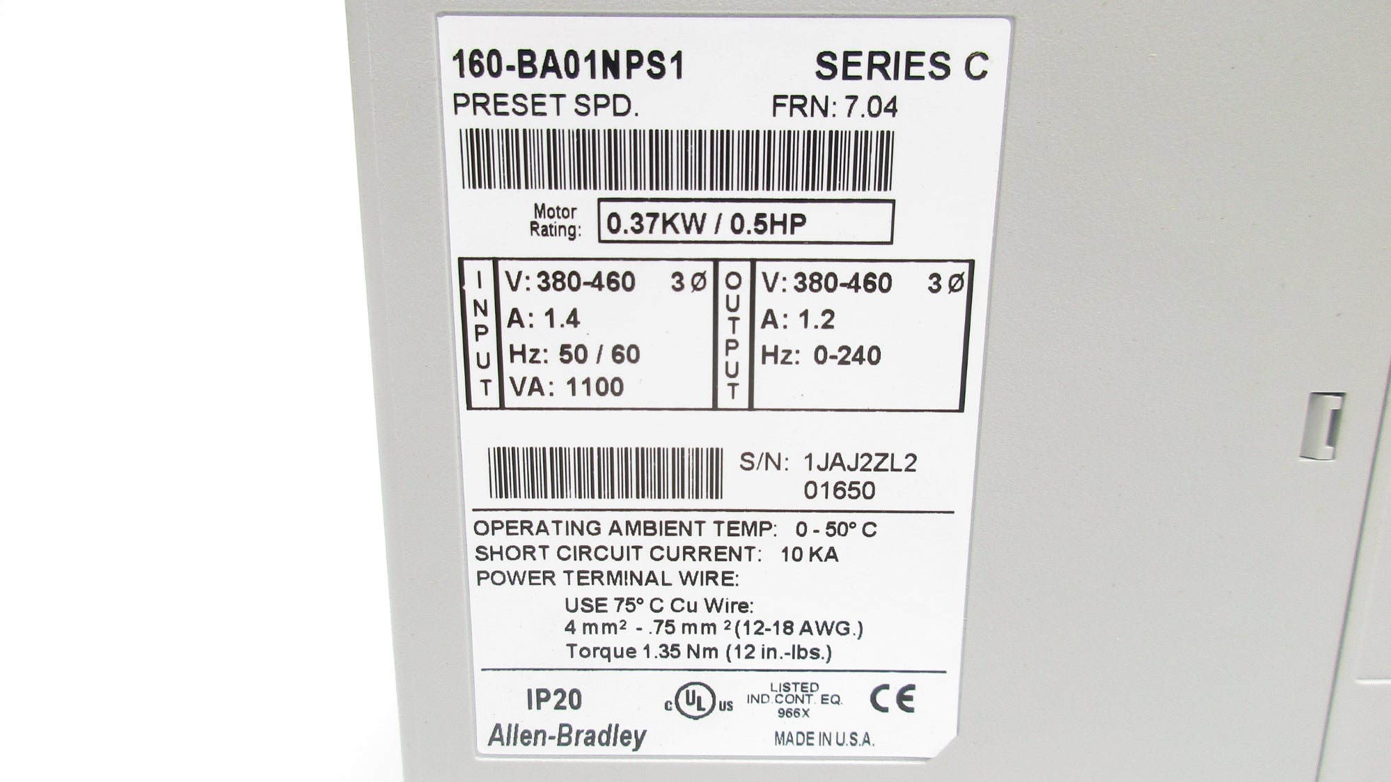 ALLEN BRADLEY 160-BA01NPS1 SER. C F/W 7.04 NSNP