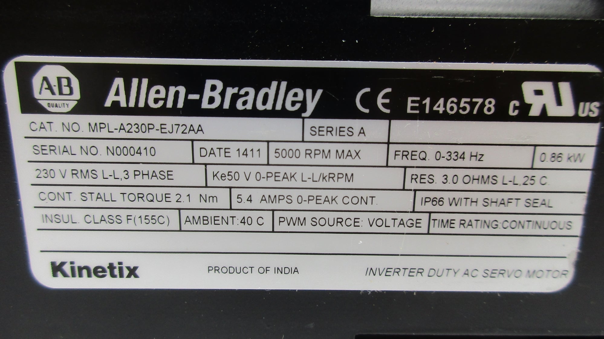 ALLEN BRADLEY MPL-A230P-EJ72AA SER. A (BR/WH) NSMP