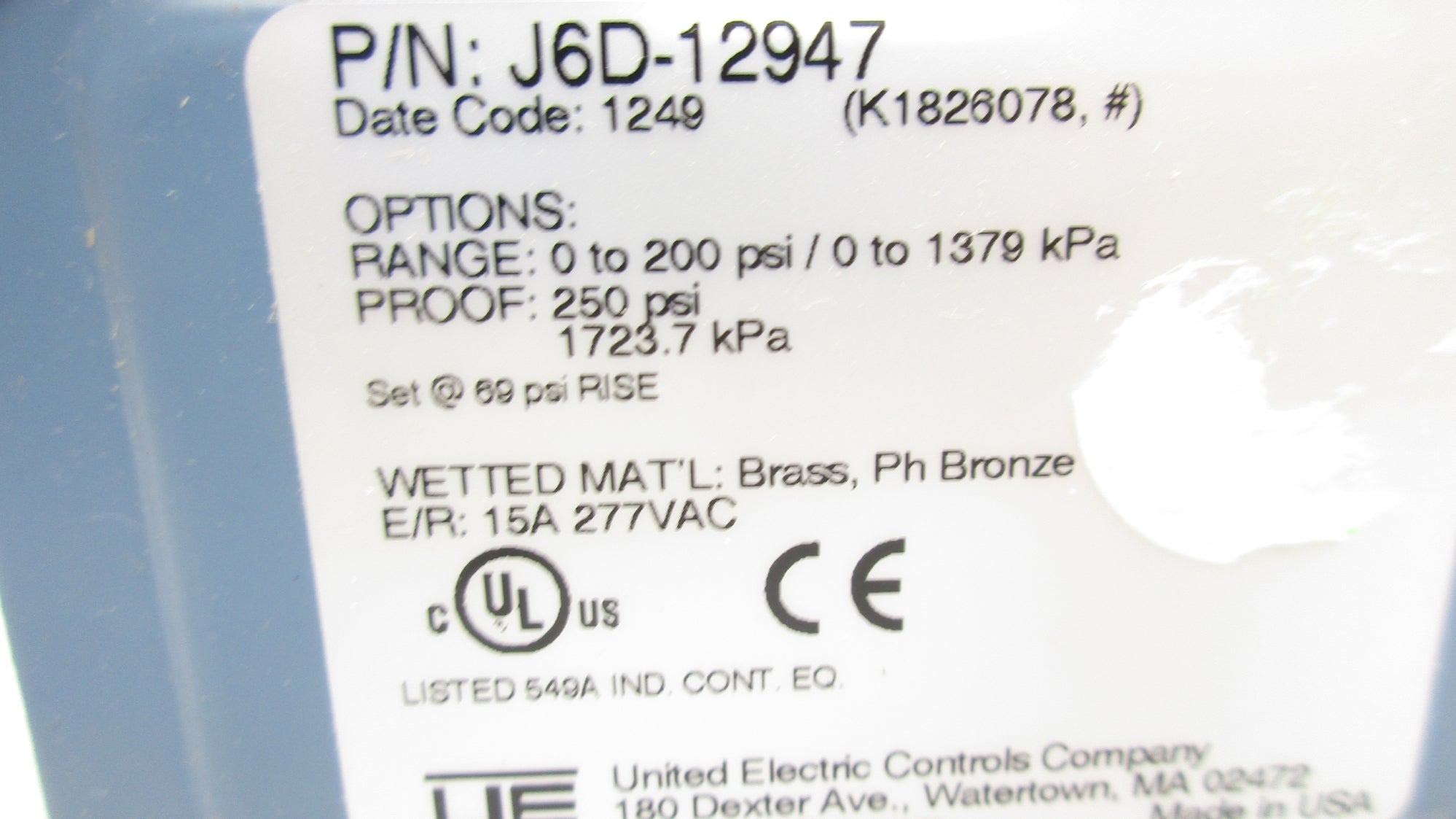 UNITED ELECTRIC J6D-12947 0-200PSI NSMP