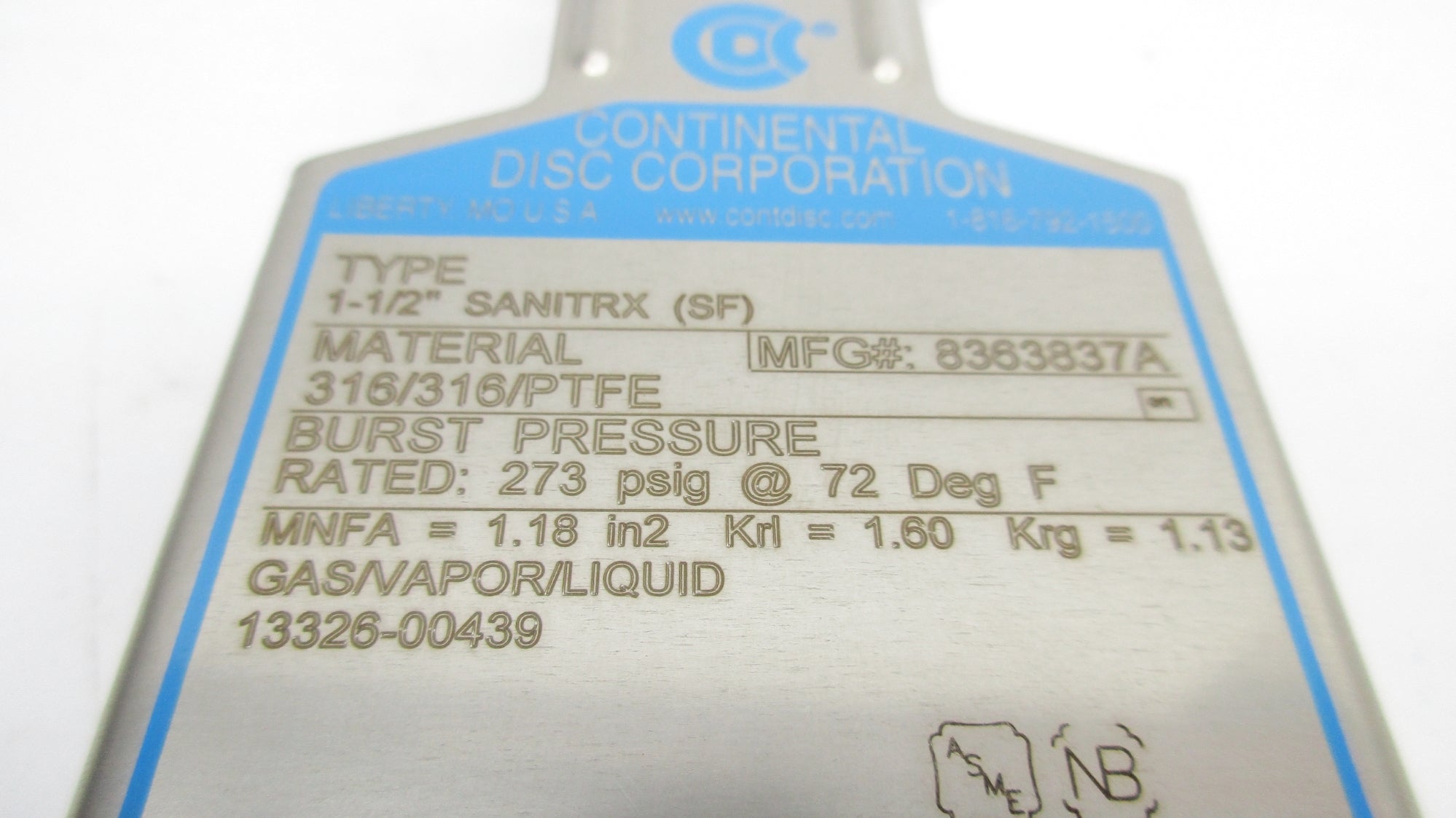 CONTINENTAL DISC SANITRX(SF) 8363837A TYPE 1-1/2" NSMP