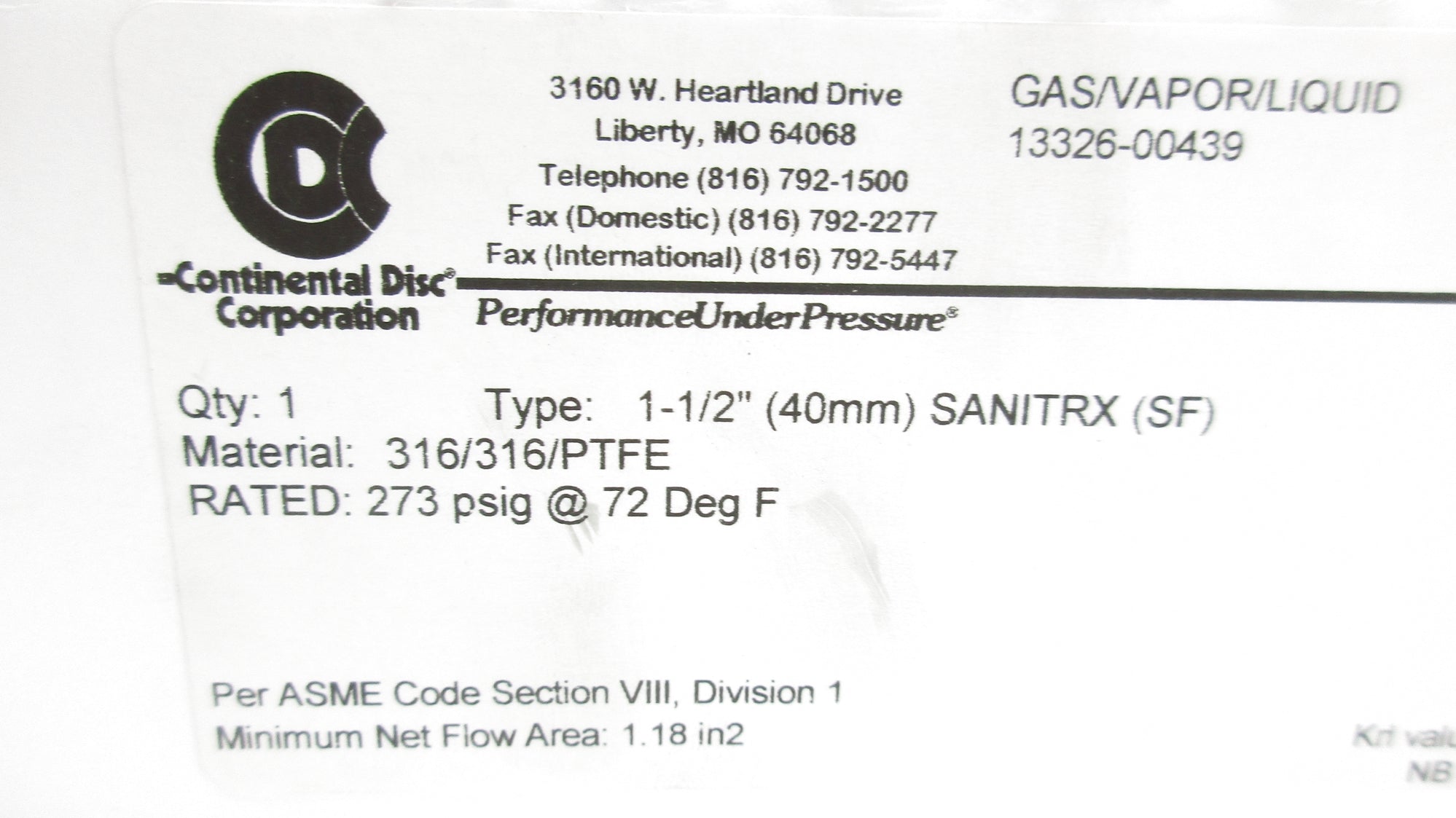 CONTINENTAL DISC SANITRX(SF) 8363837A TYPE 1-1/2" NSMP