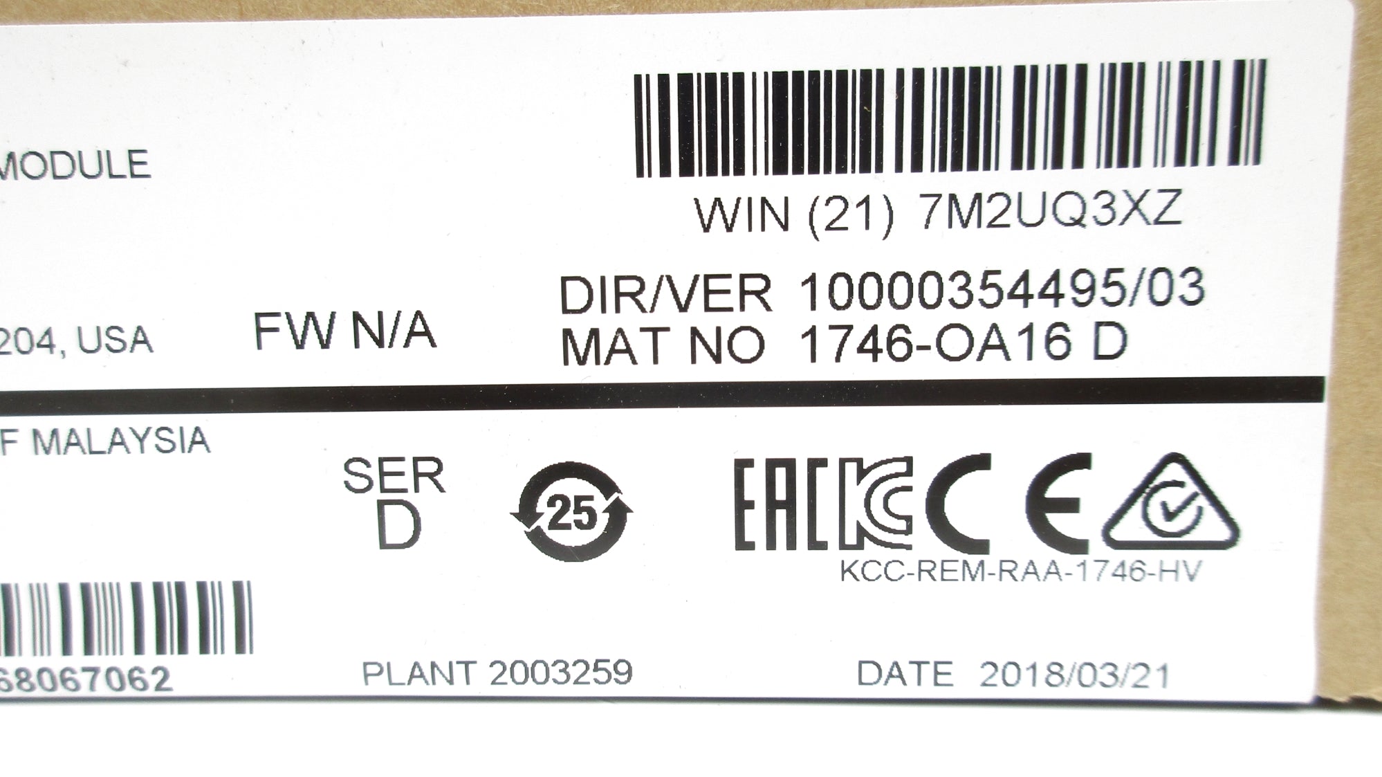 ALLEN BRADLEY 1746-OA16 SER. D DATE: 2018 NSFS