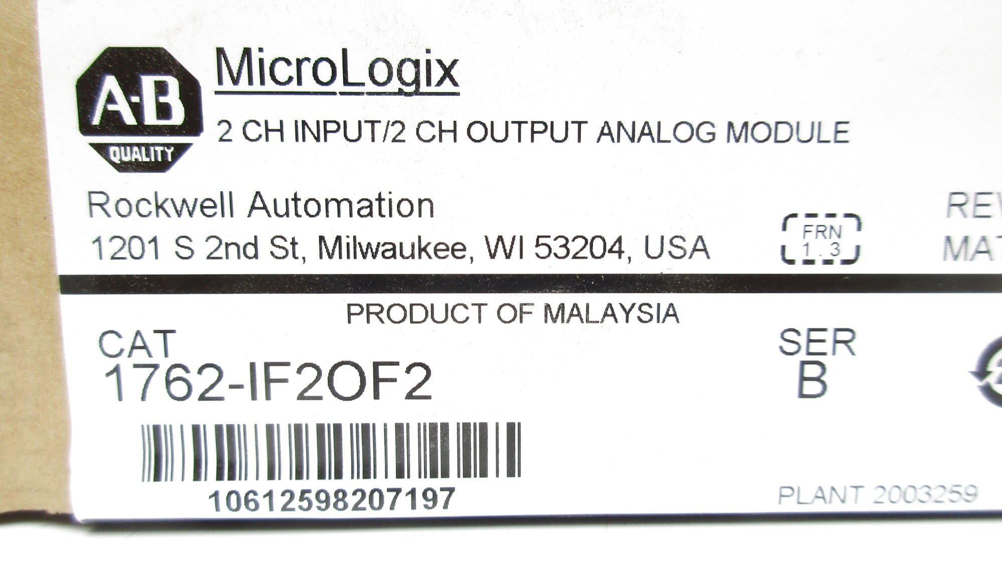ALLEN BRADLEY 1762-IF2OF2 SER. B F/W 1.3 DATE: 2018 NSFS
