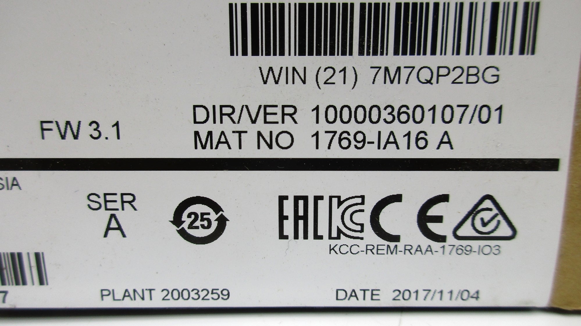 ALLEN BRADLEY 1769-IA16 SER. A F/W 3.1 DATE: 2017 NSFS
