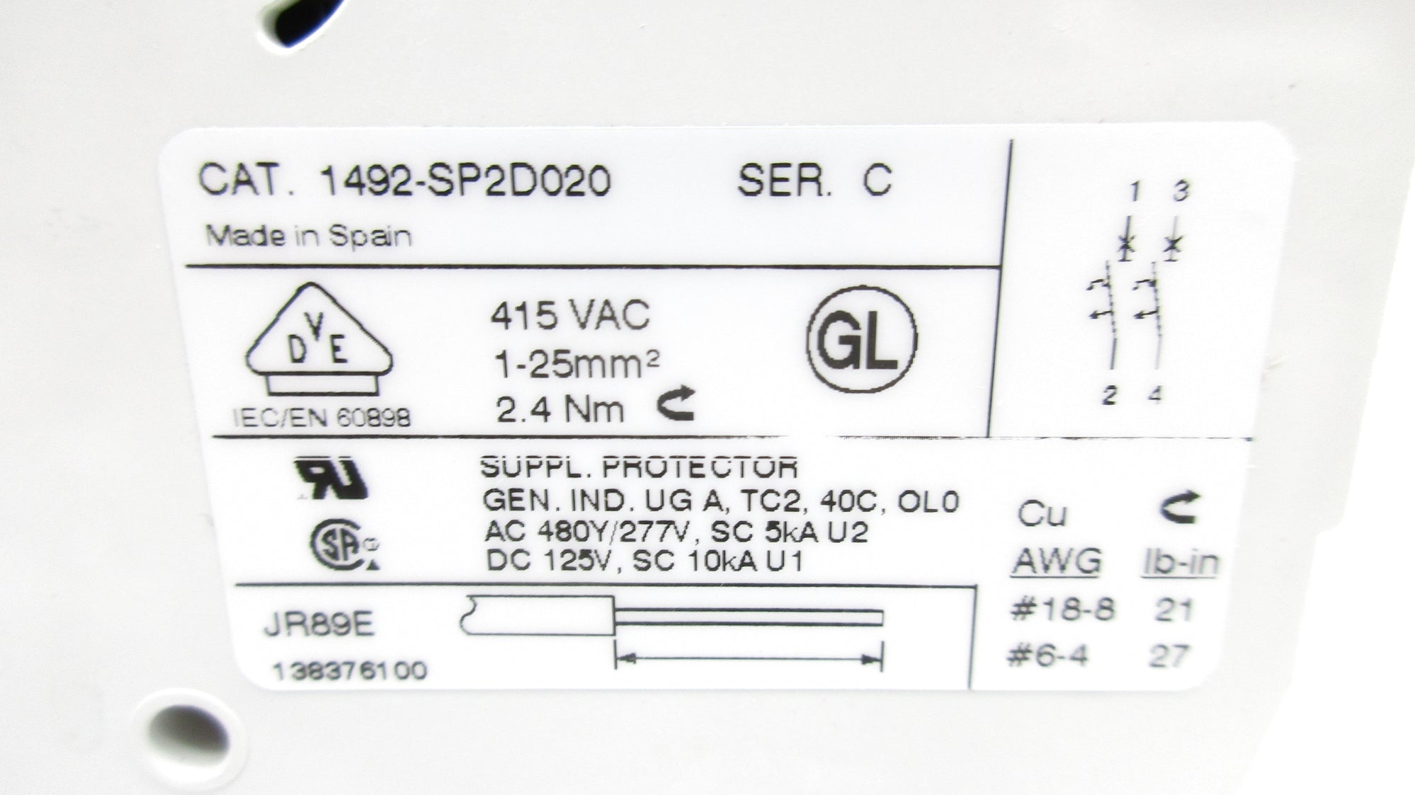 ALLEN BRADLEY 1492-SP2D020 SER. C 2A 277VAC (WH) NSMP
