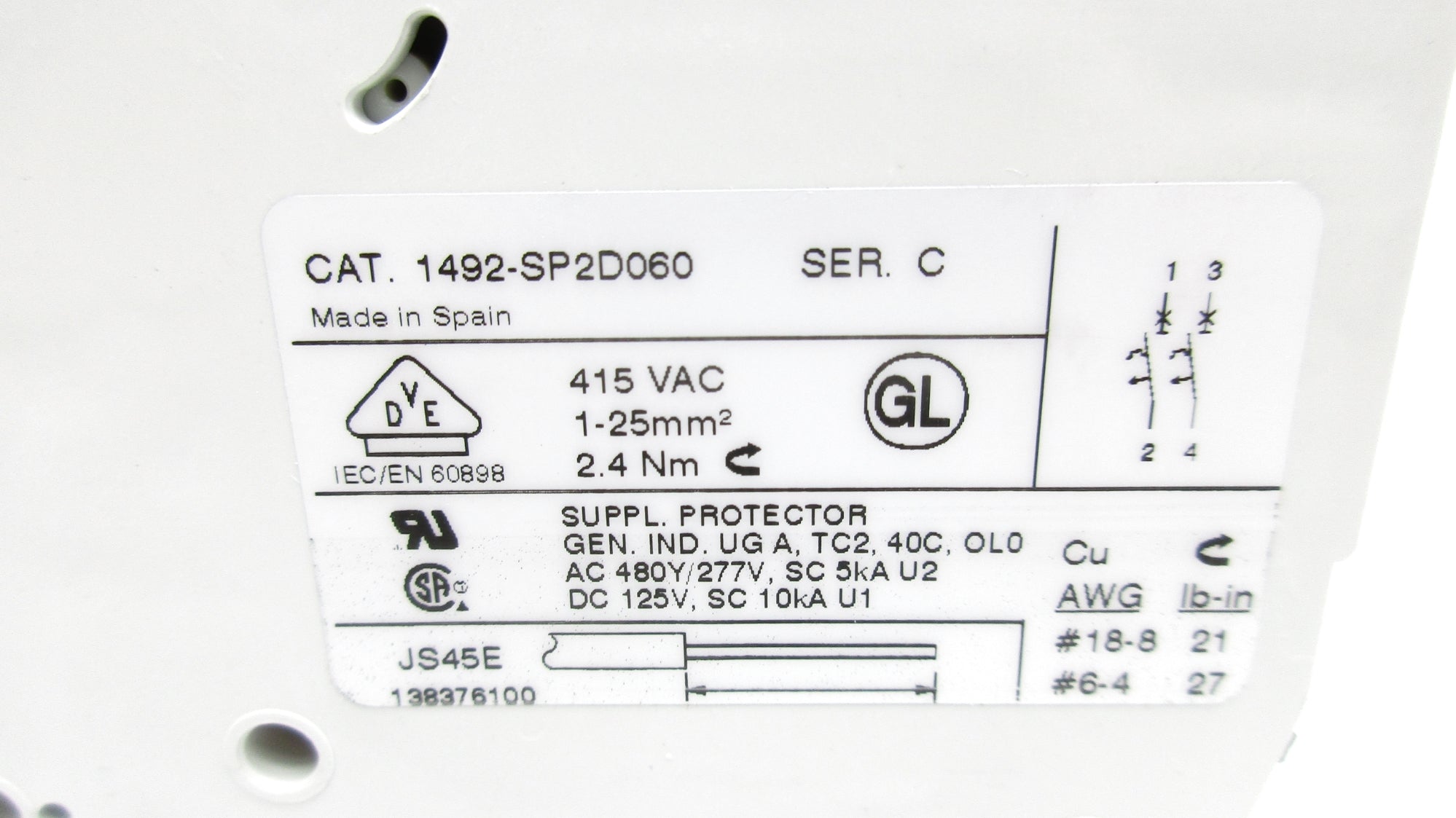 ALLEN BRADLEY 1492-SP2D060 SER. C 6A 277VAC (WH) NSMP