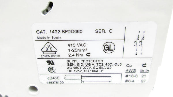 ALLEN BRADLEY 1492-SP2D060 SER. C 6A 277VAC (WH) NSMP