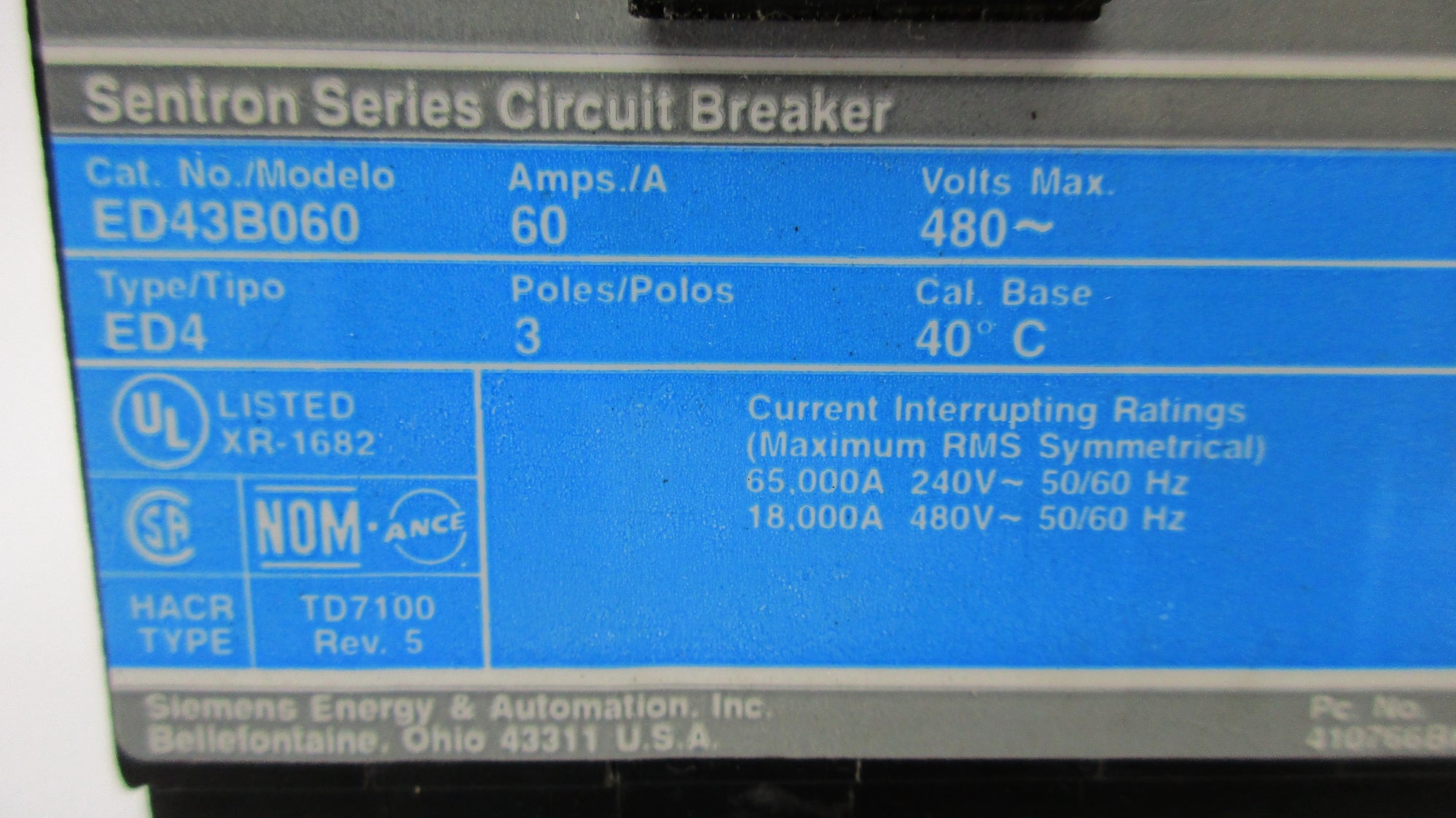 SIEMENS ED43B060 60A 480V (AS PICTURED) UNMP
