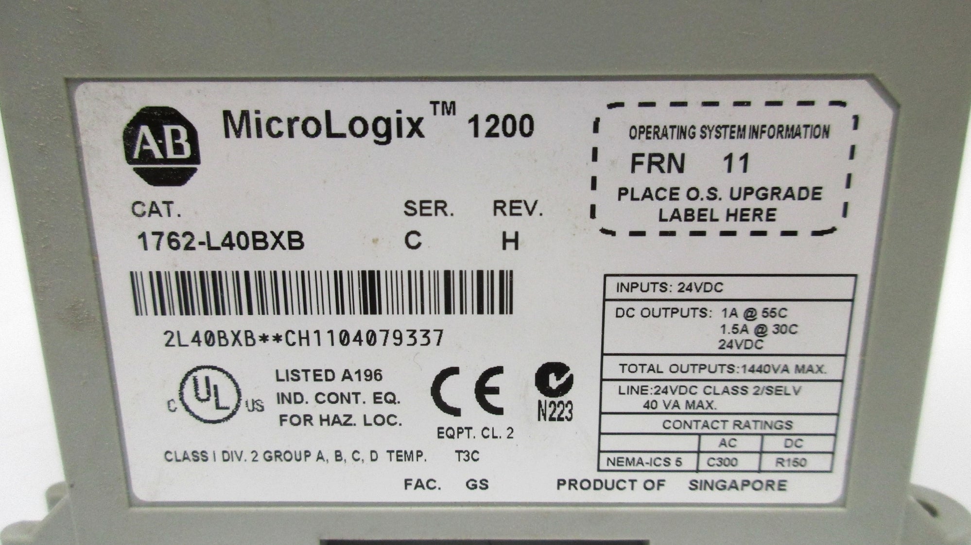 ALLEN BRADLEY 1762-L40BXB SER. C F/W 11 NSNP