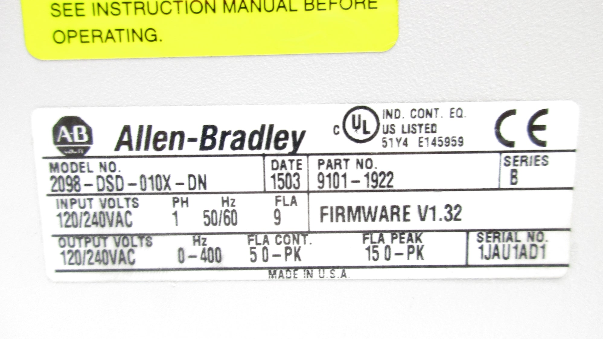 ALLEN BRADLEY 2098-DSD-010X-DN SER. B F/W V1.32 NSNP