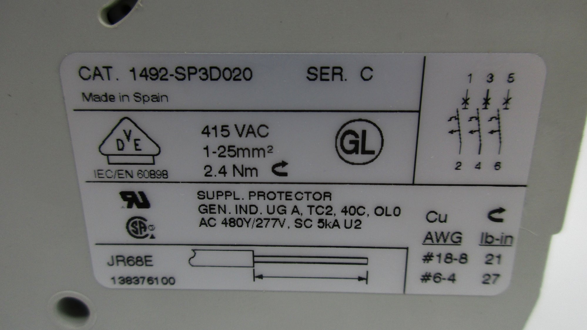 ALLEN BRADLEY 1492-SP3D020 SER. C 415VAC 2A (WH) NSMP