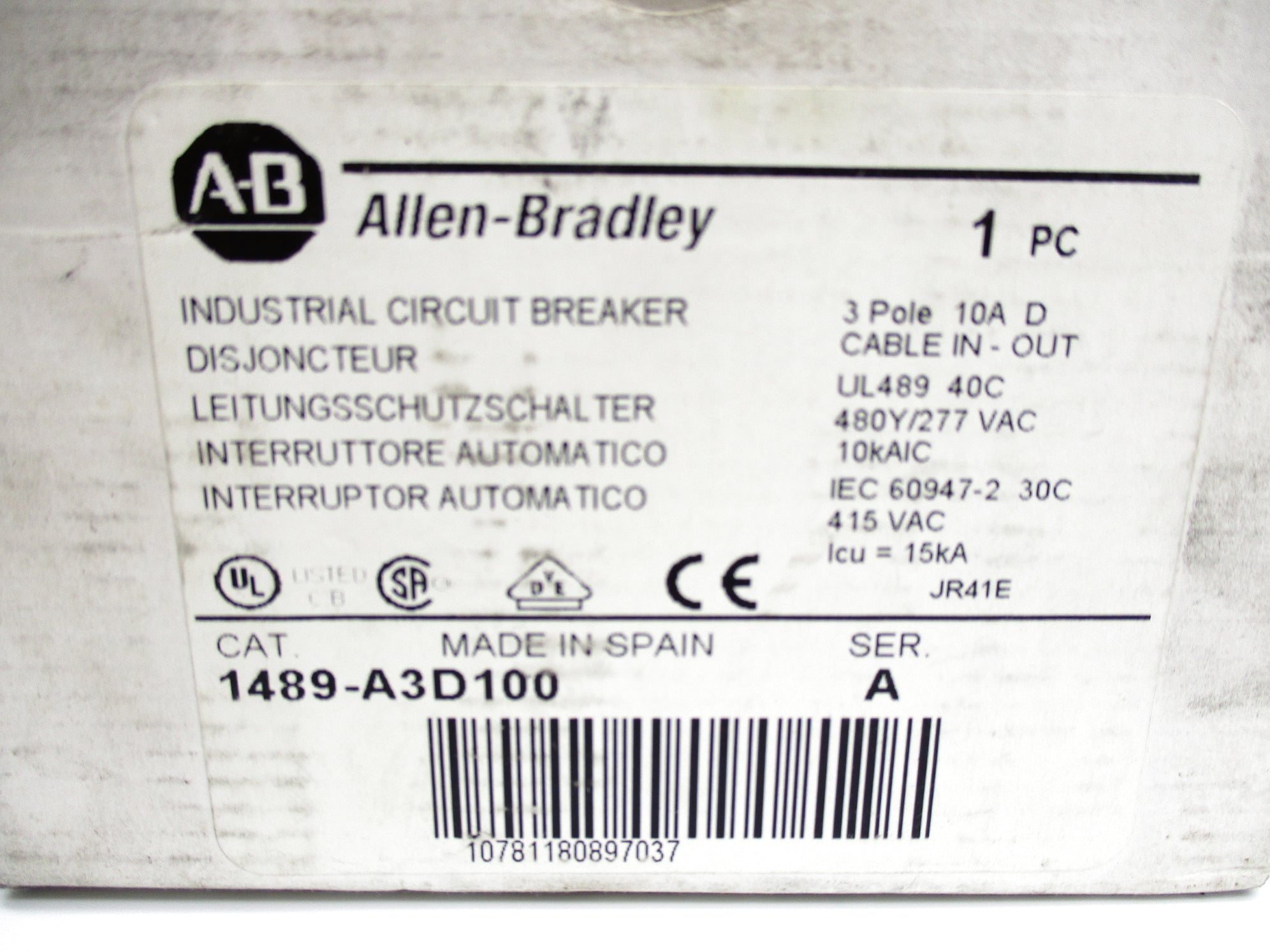 ALLEN BRADLEY 1489-A3D100 SER. A 10A 277VAC (WH) NSMP