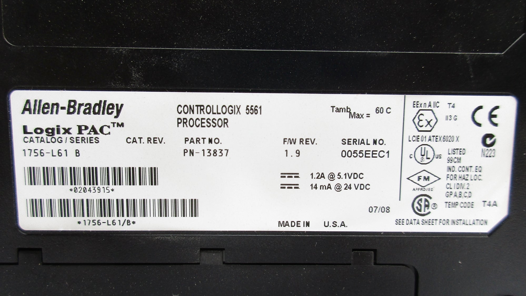 ALLEN BRADLEY 1756-L61 SER. B F/W 1.9 UNMP