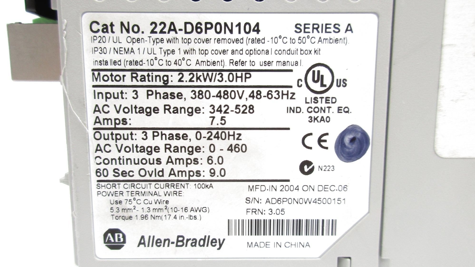 ALLEN BRADLEY 22A-D6P0N104 SER. A F/W 3.05 NSNP