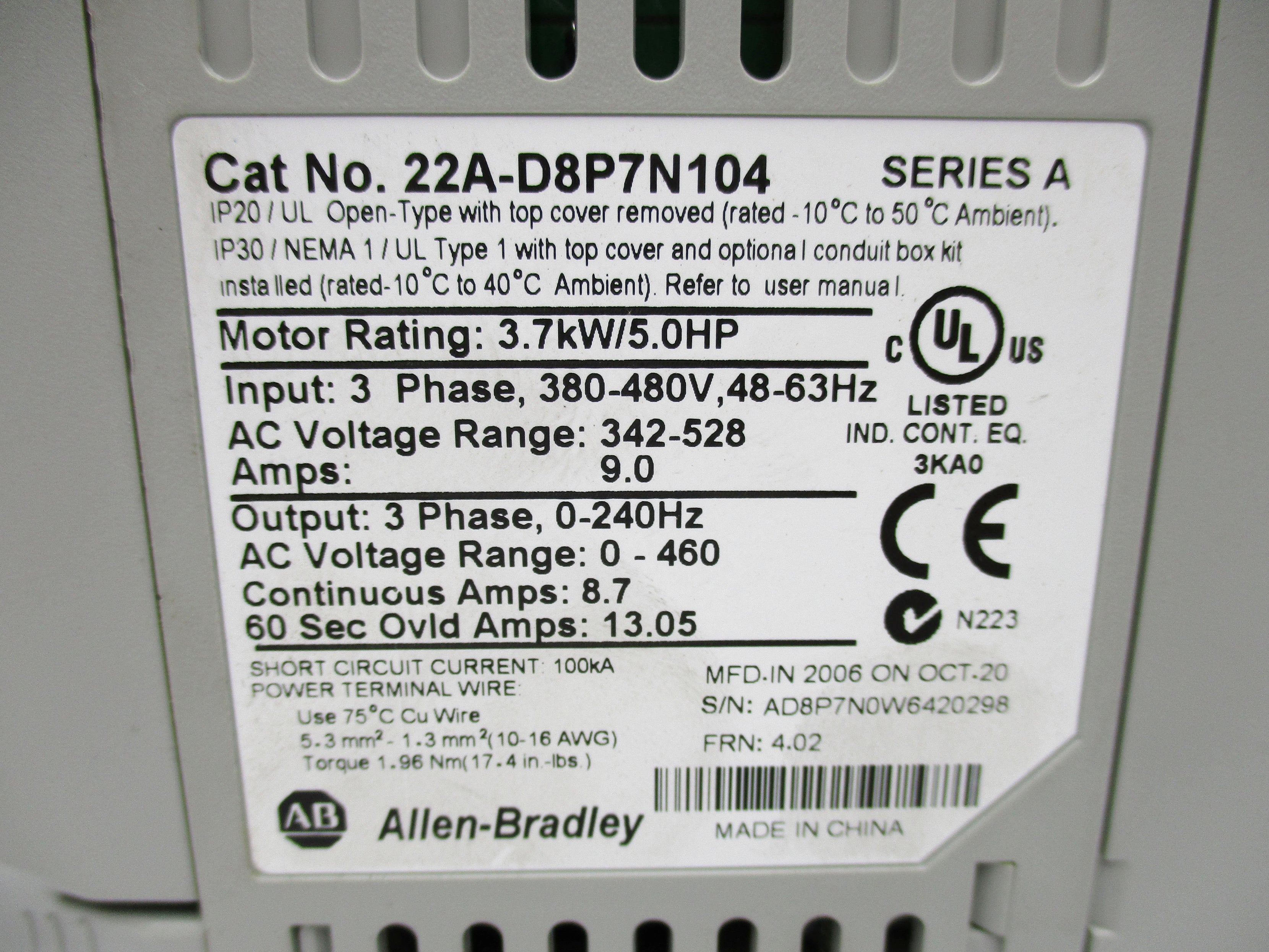 ALLEN BRADLEY 22A-D8P7N104 SER. A F/W 4.02 NSNP