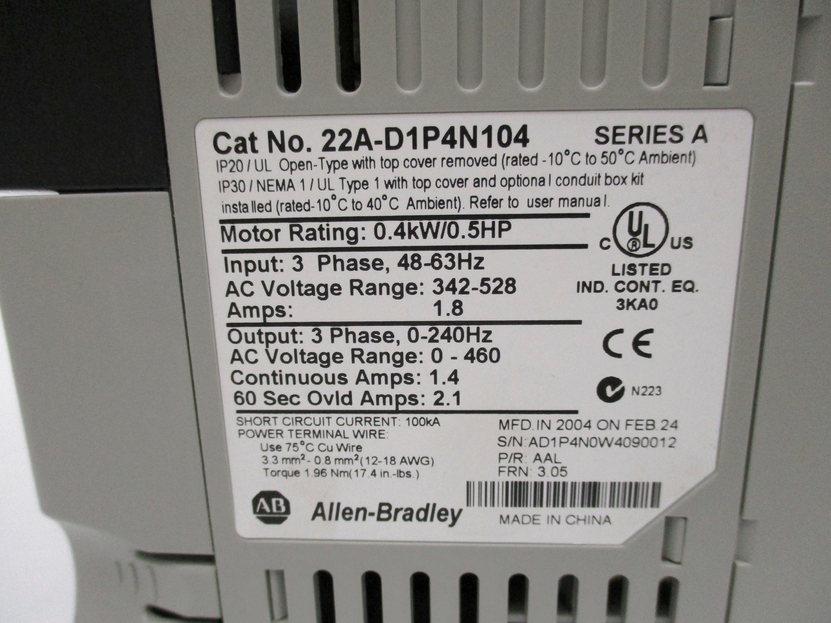 ALLEN BRADLEY 22A-D1P4N104 SER. A F/W 3.05  (BR/WH) NSMP