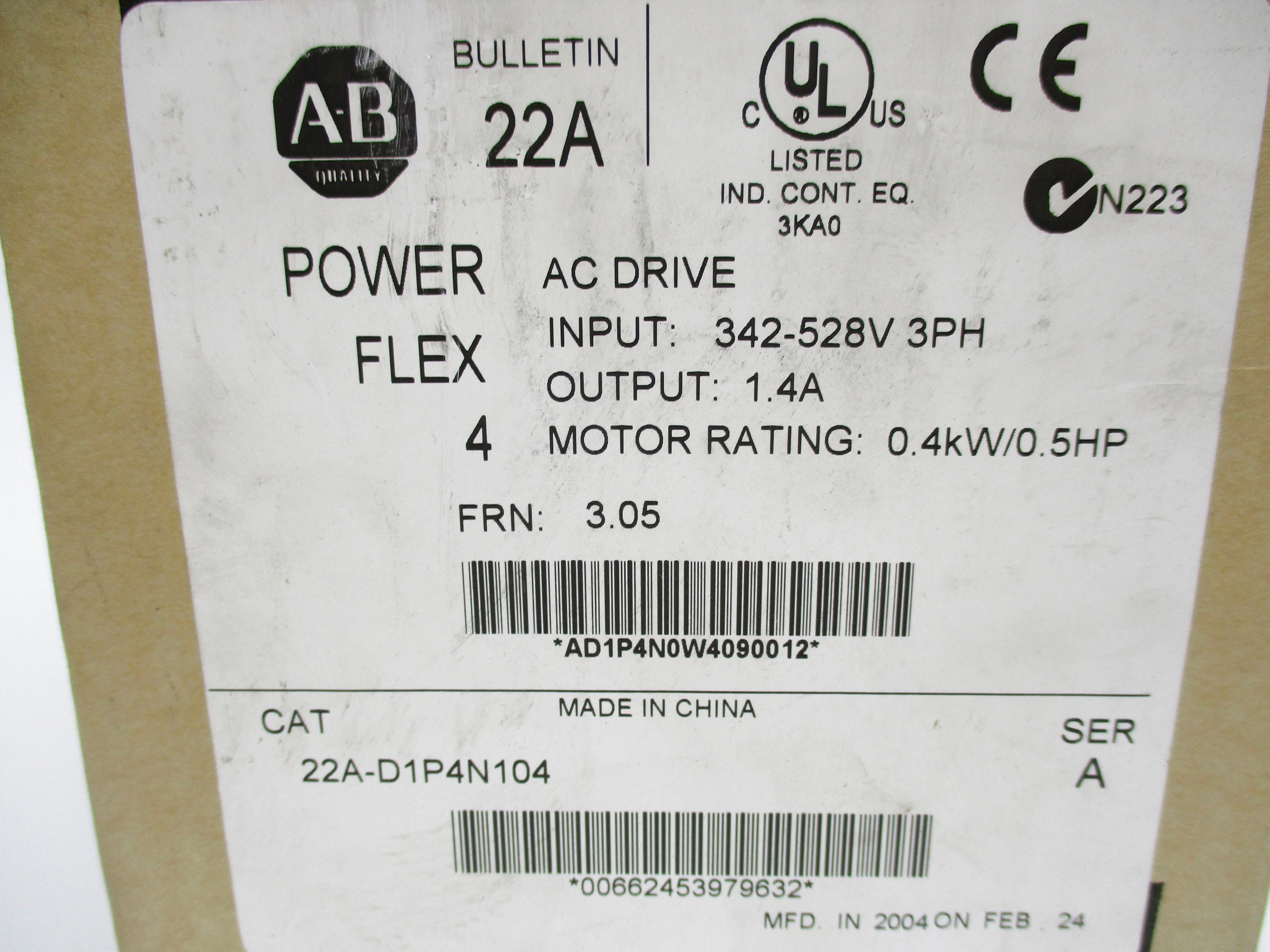 ALLEN BRADLEY 22A-D1P4N104 SER. A F/W 3.05  (BR/WH) NSMP