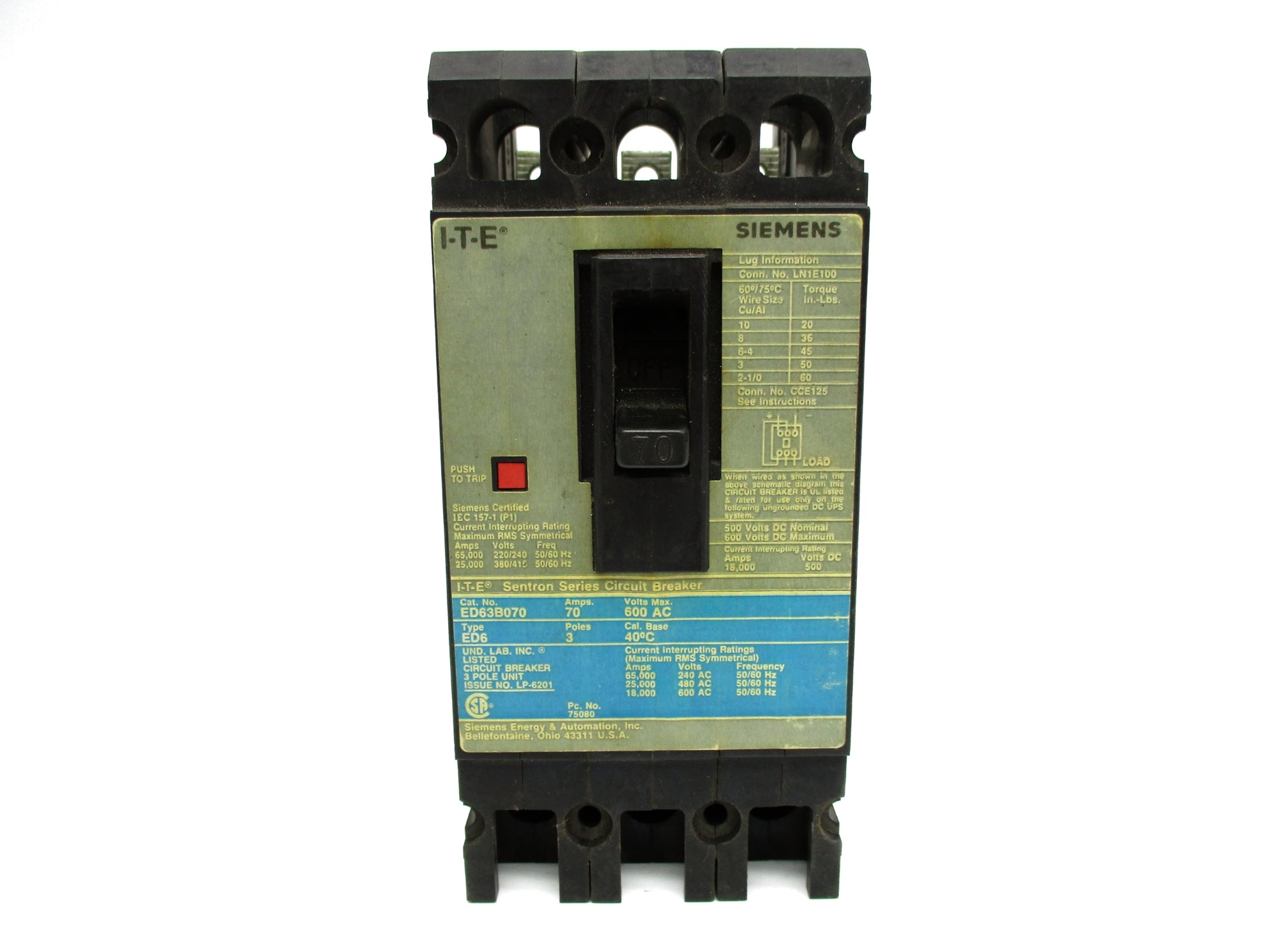 SIEMENS ED63B070 600VAC 70A UNMP