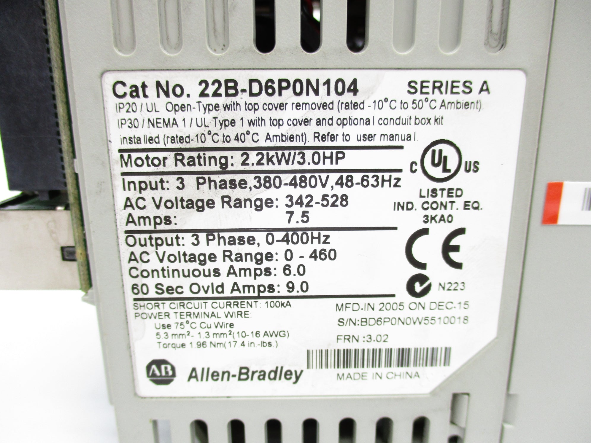 ALLEN BRADLEY 22B-D6P0N104 SER. A F/W 3.02 NSNP