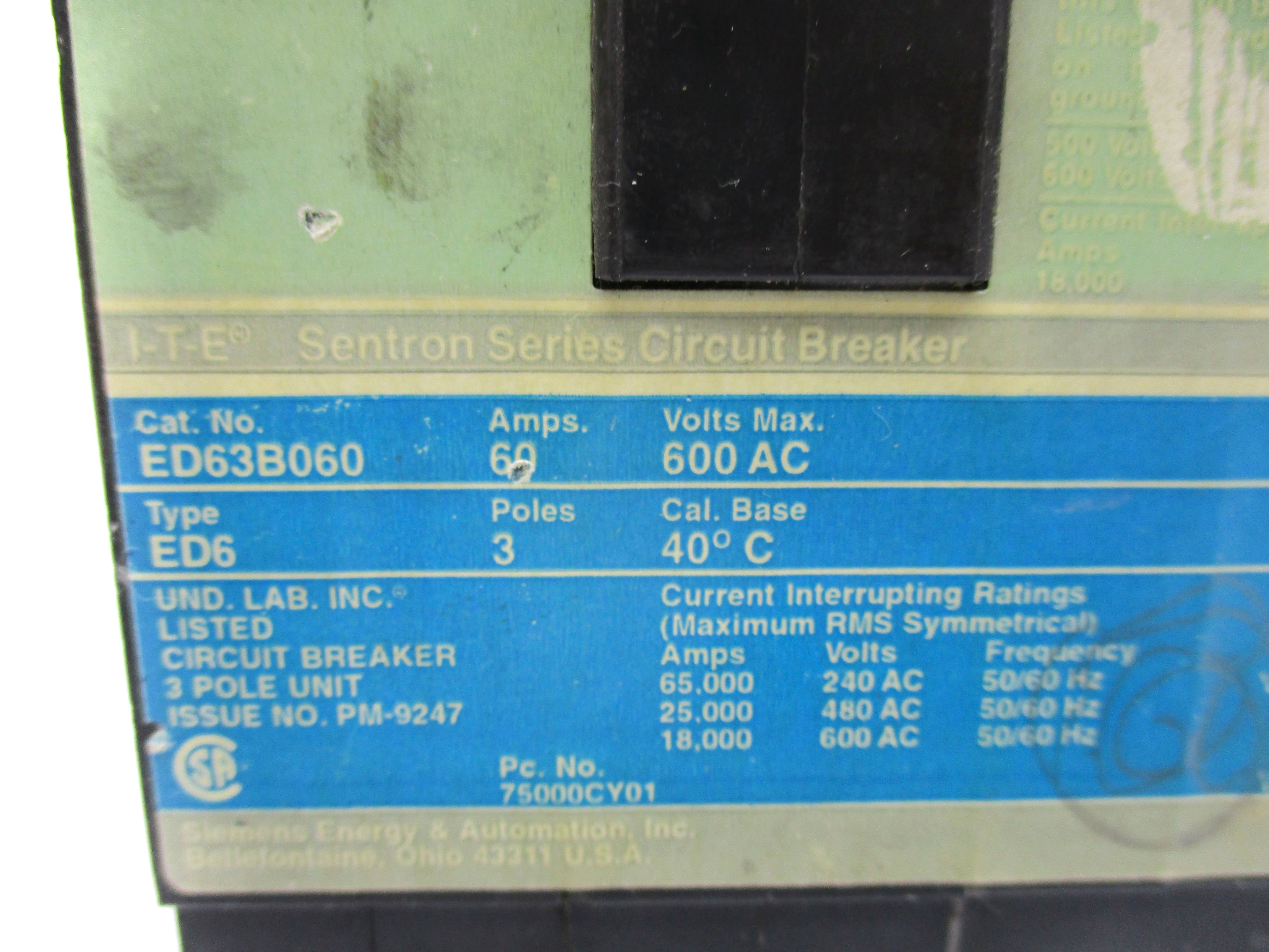 SIEMENS ED63B060 600VAC 60A UNMP