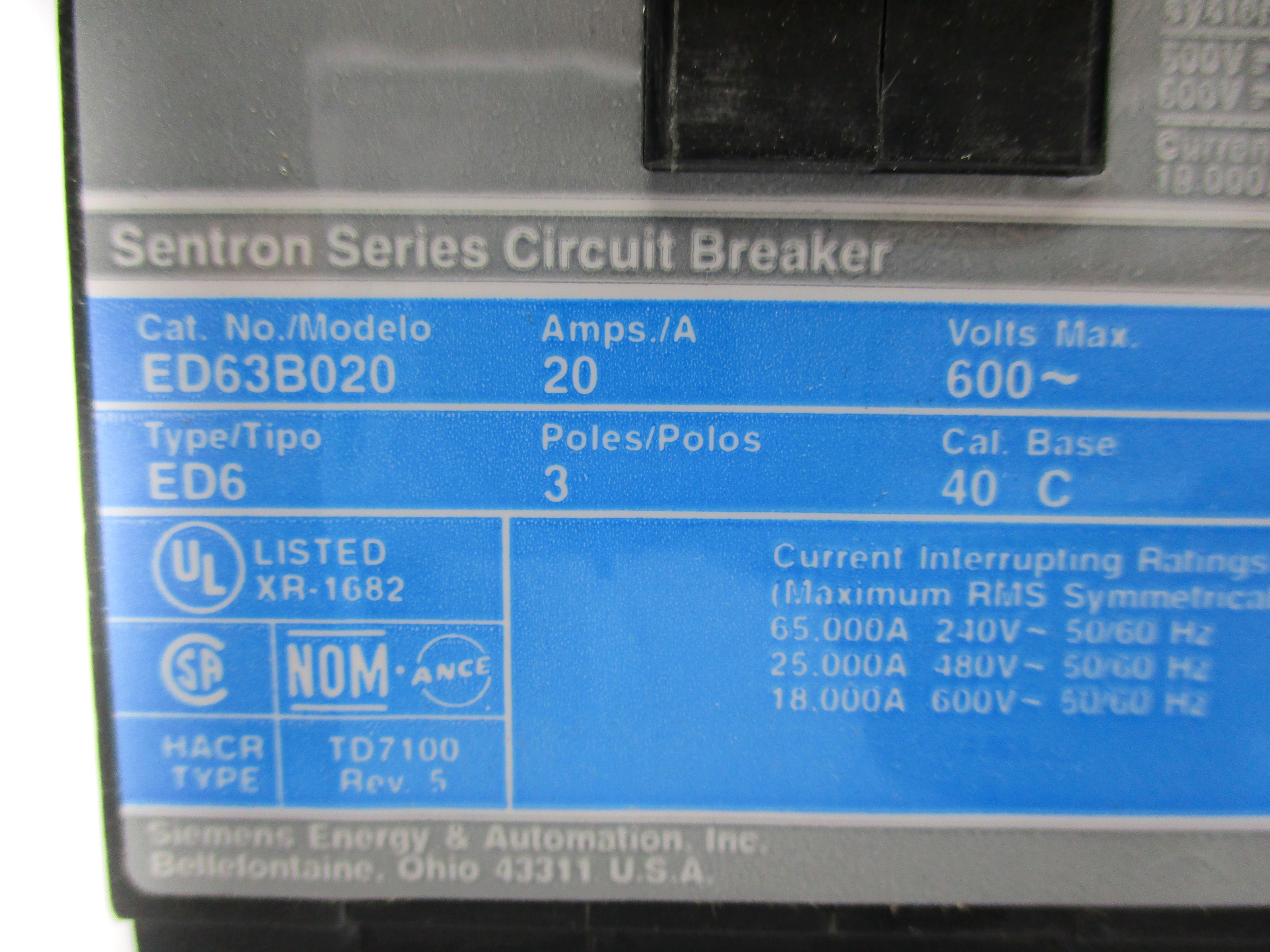 SIEMENS ED63B020 20A 600V NSNP