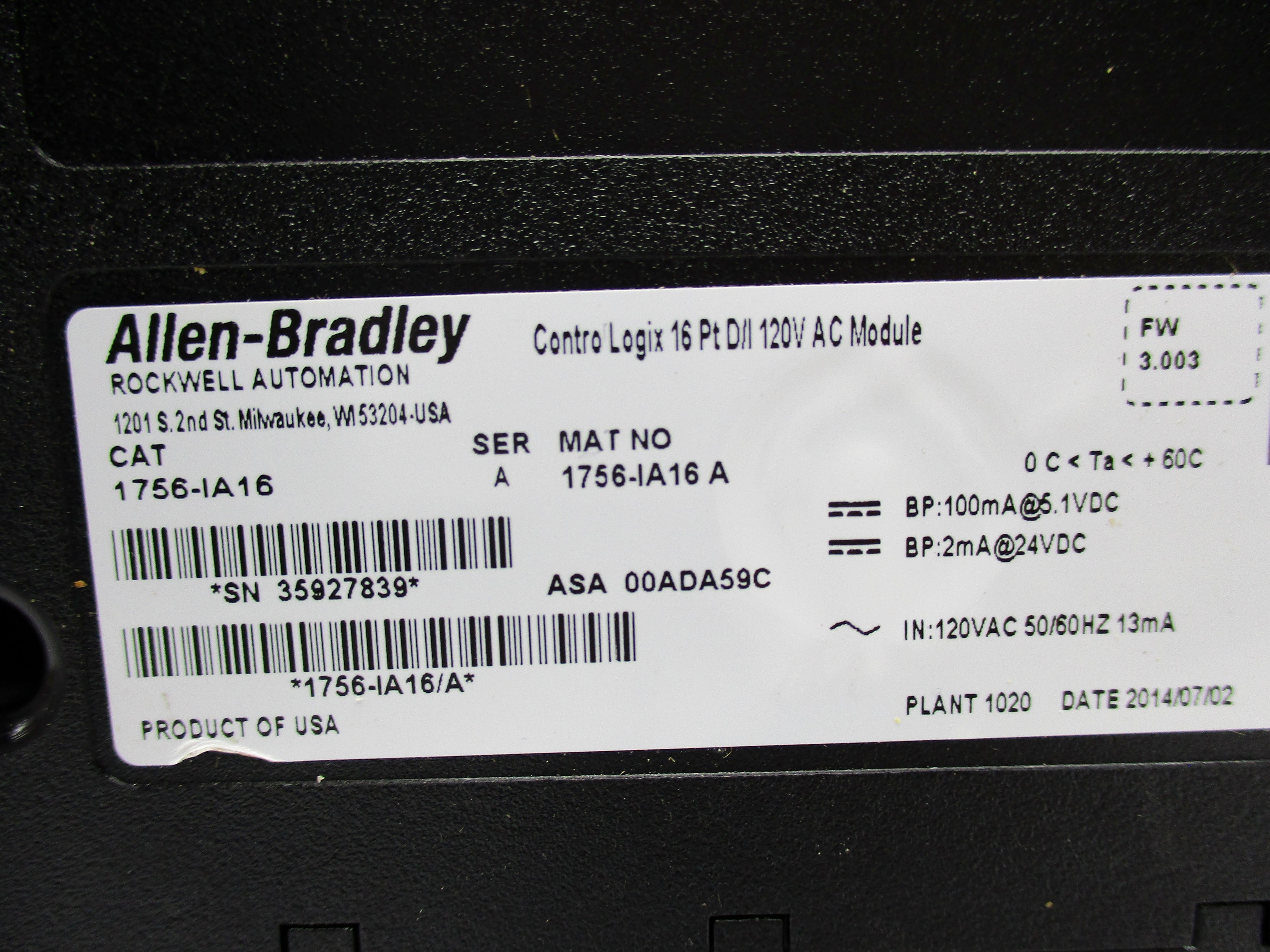 ALLEN BRADLEY 1756-IA16 SER. A F/W 3.003 NSNP