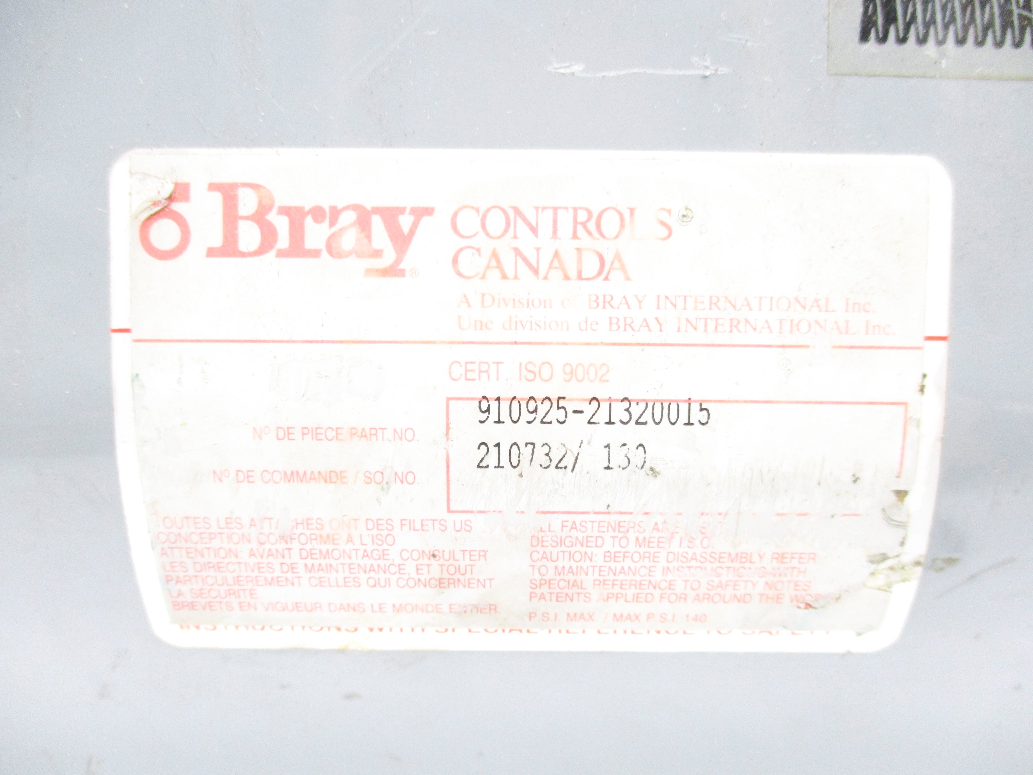 BRAY CONTROLS 910925-21320015 UNMP