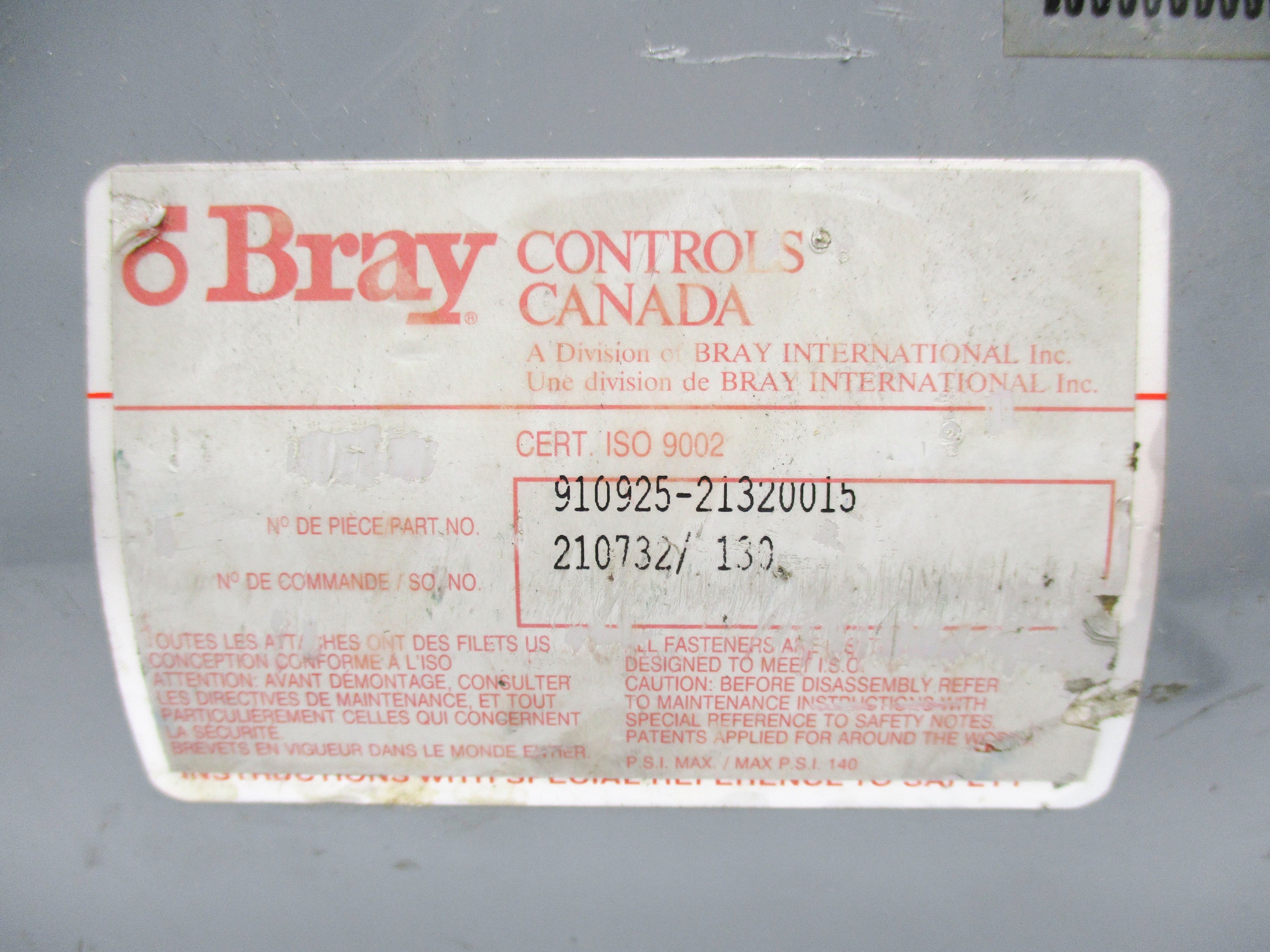 BRAY CONTROLS 910925-21320015 UNMP